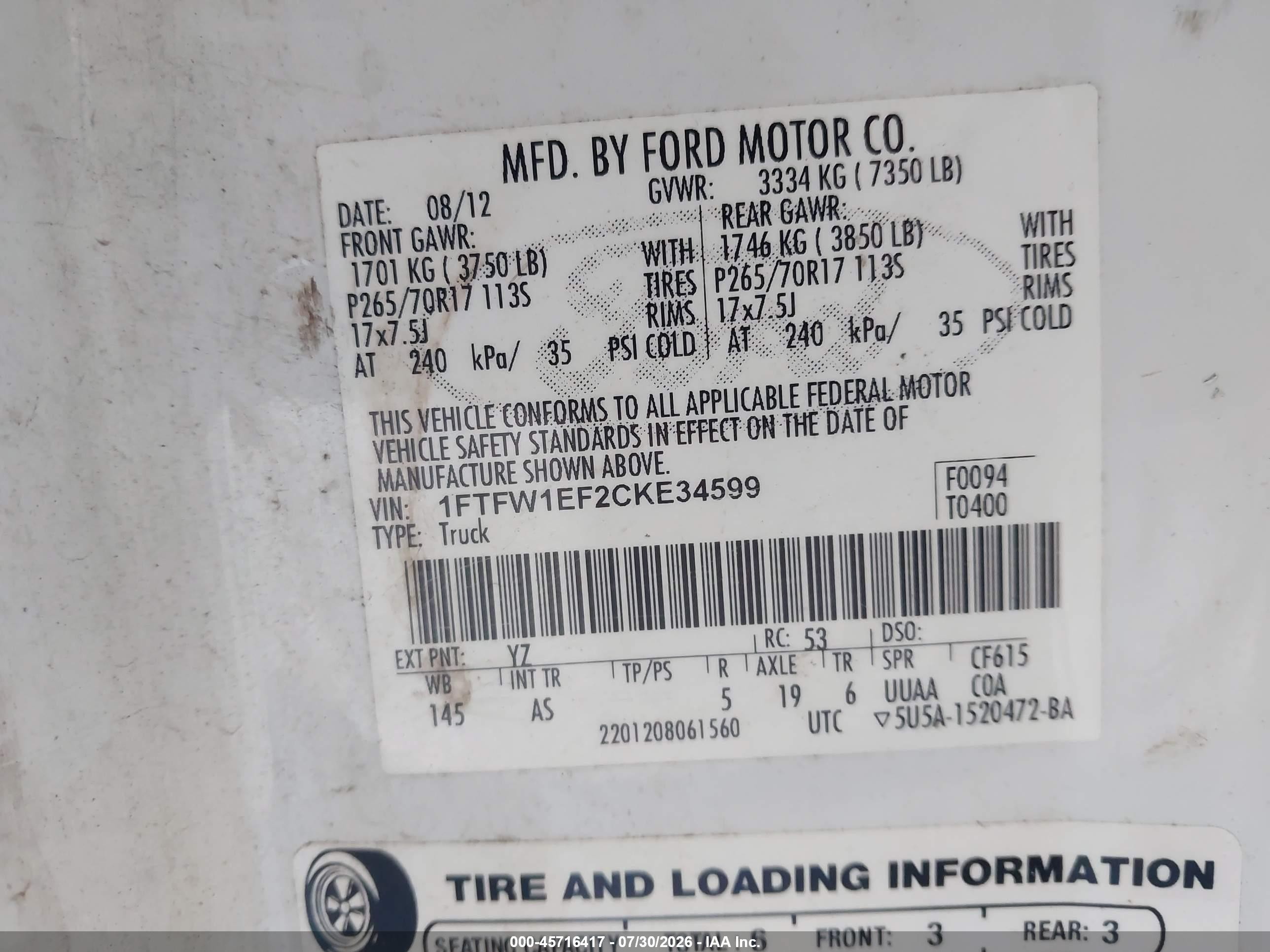2012 Ford F-150 Xl White vin: 1FTFW1EF2CKE34599