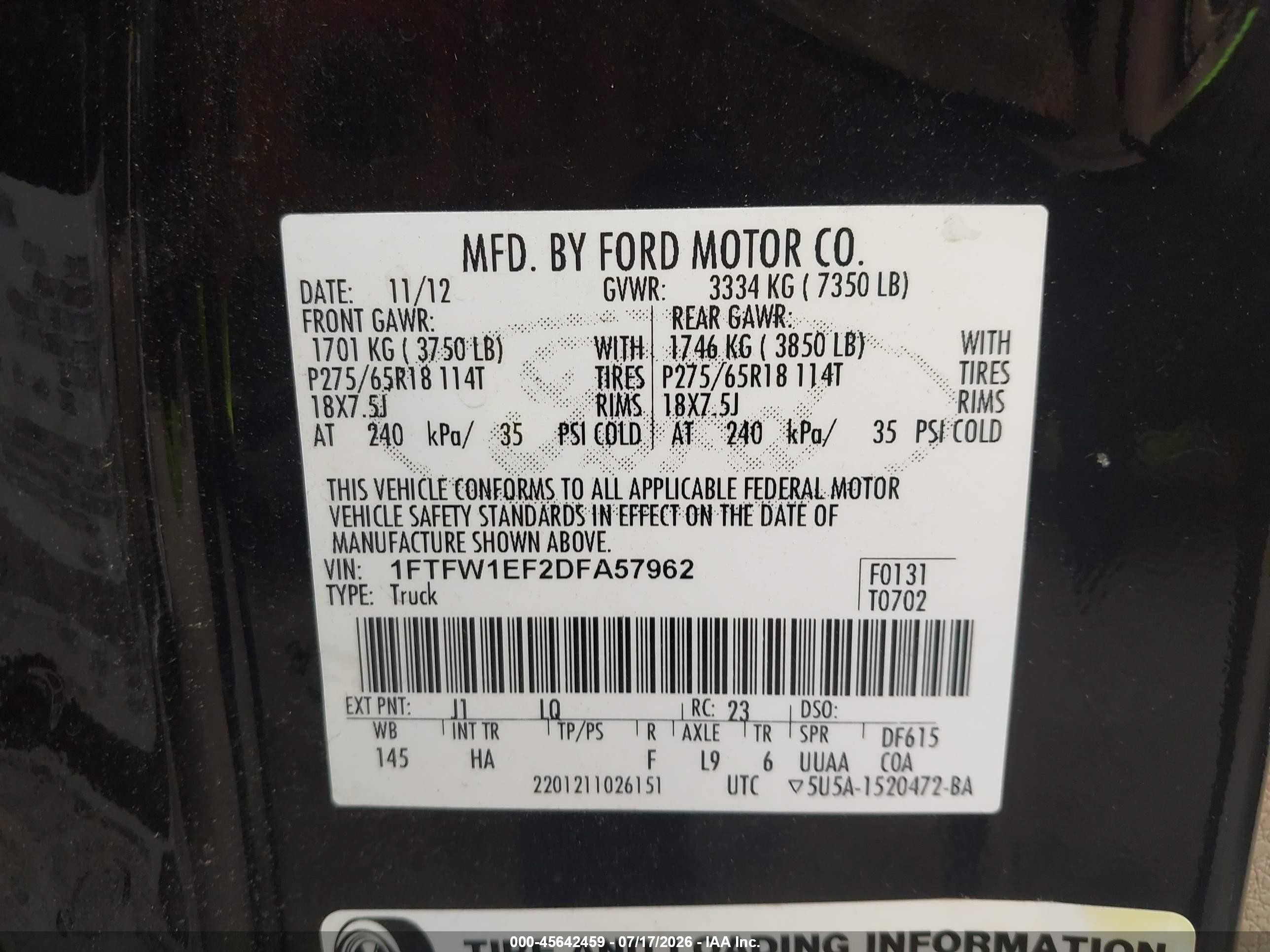 2013 Ford F-150 Lariat Black vin: 1FTFW1EF2DFA57962