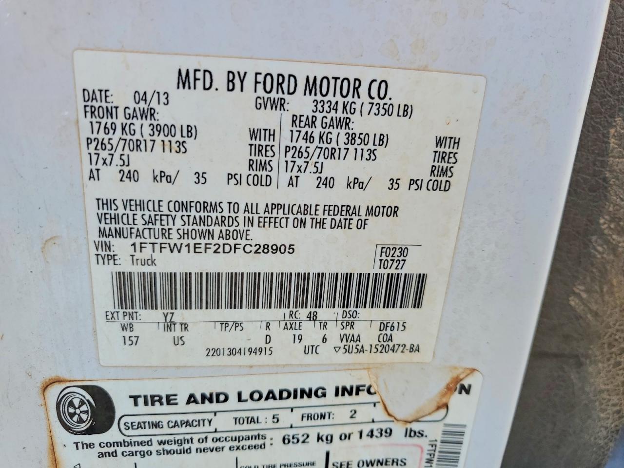 2013 Ford F150 White vin: 1FTFW1EF2DFC28905