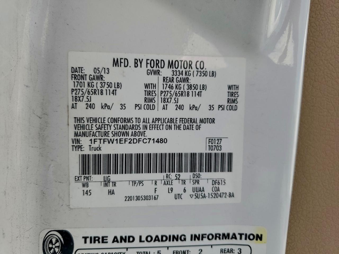 2013 Ford F150 White vin: 1FTFW1EF2DFC71480