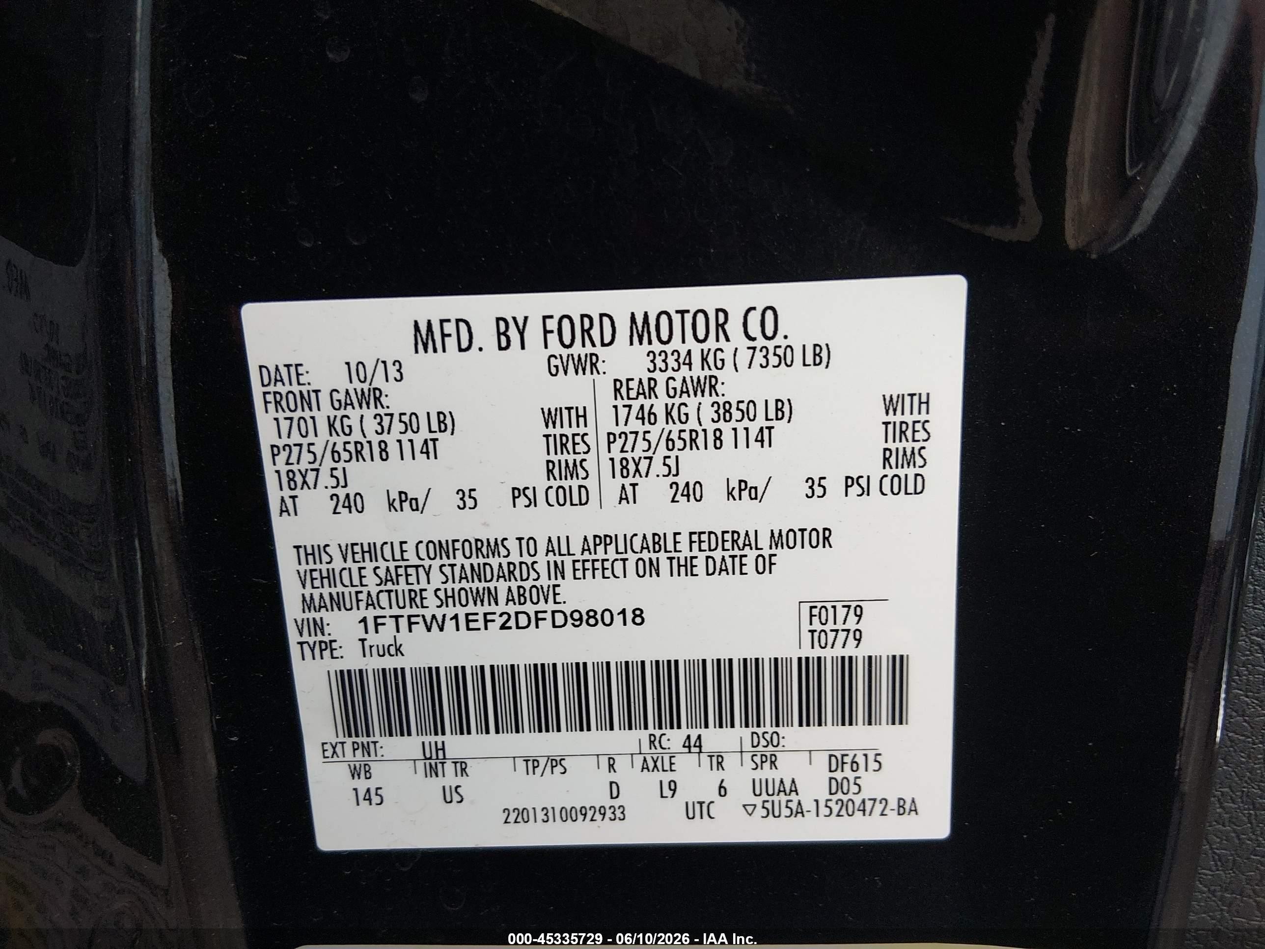 2013 Ford F-150 Xlt Black vin: 1FTFW1EF2DFD98018