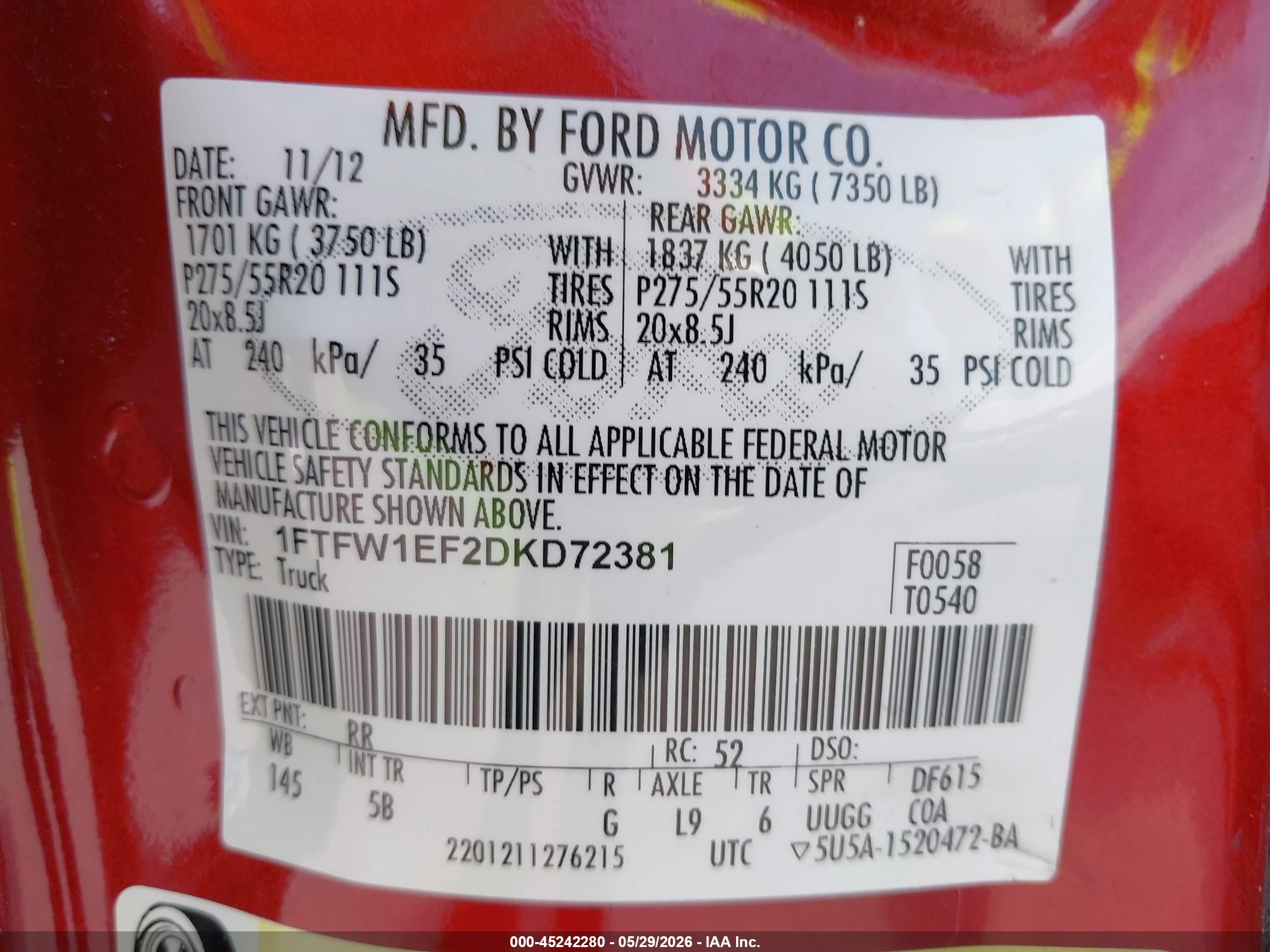 2013 Ford F-150 Fx4 Burgundy vin: 1FTFW1EF2DKD72381