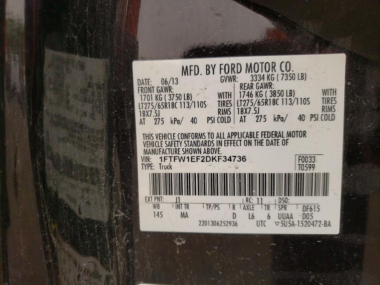 2013 Ford F150 Black vin: 1FTFW1EF2DKF34736