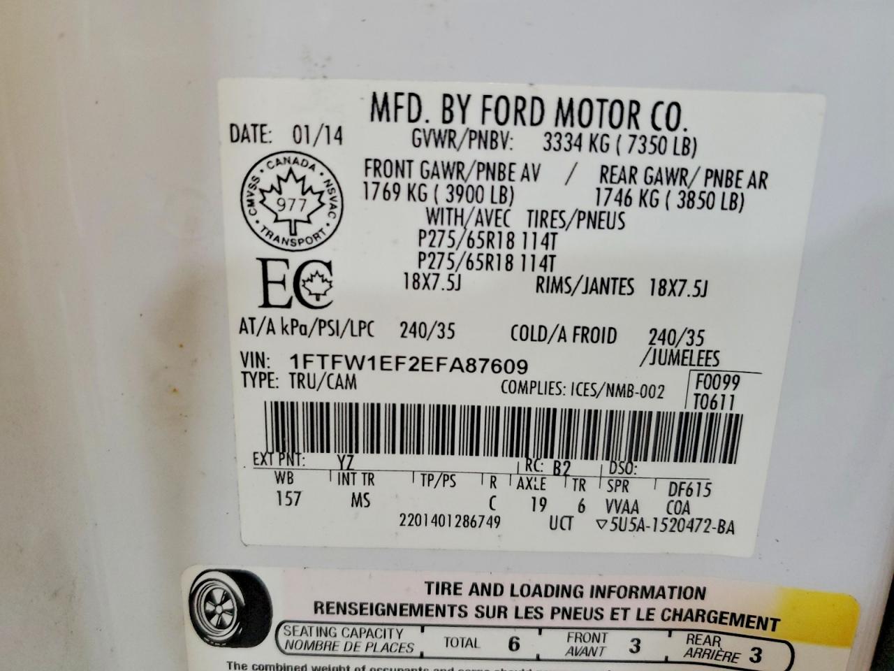 2014 Ford F150 Supercrew White vin: 1FTFW1EF2EFA87609