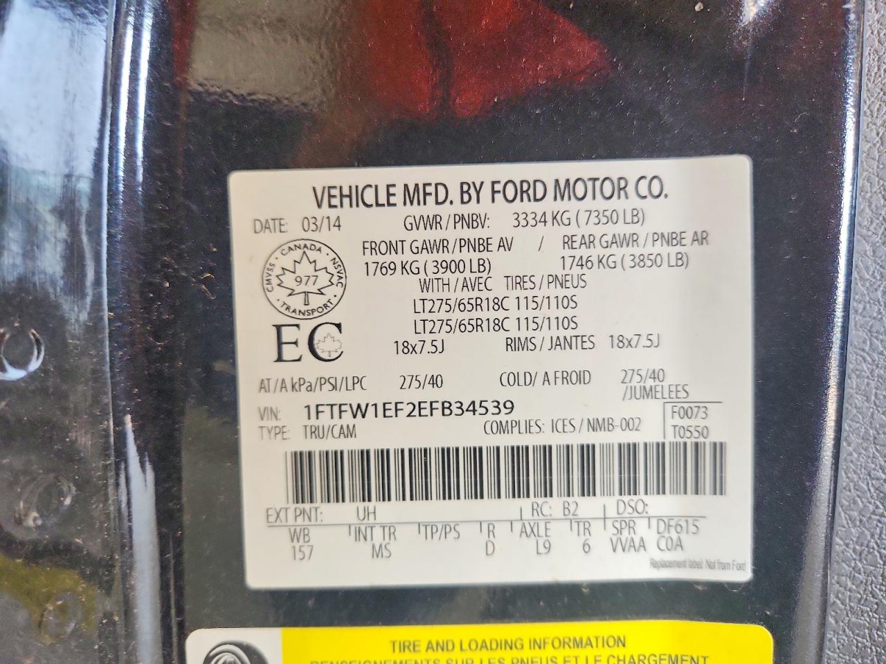 2014 Ford F150 Black vin: 1FTFW1EF2EFB34539