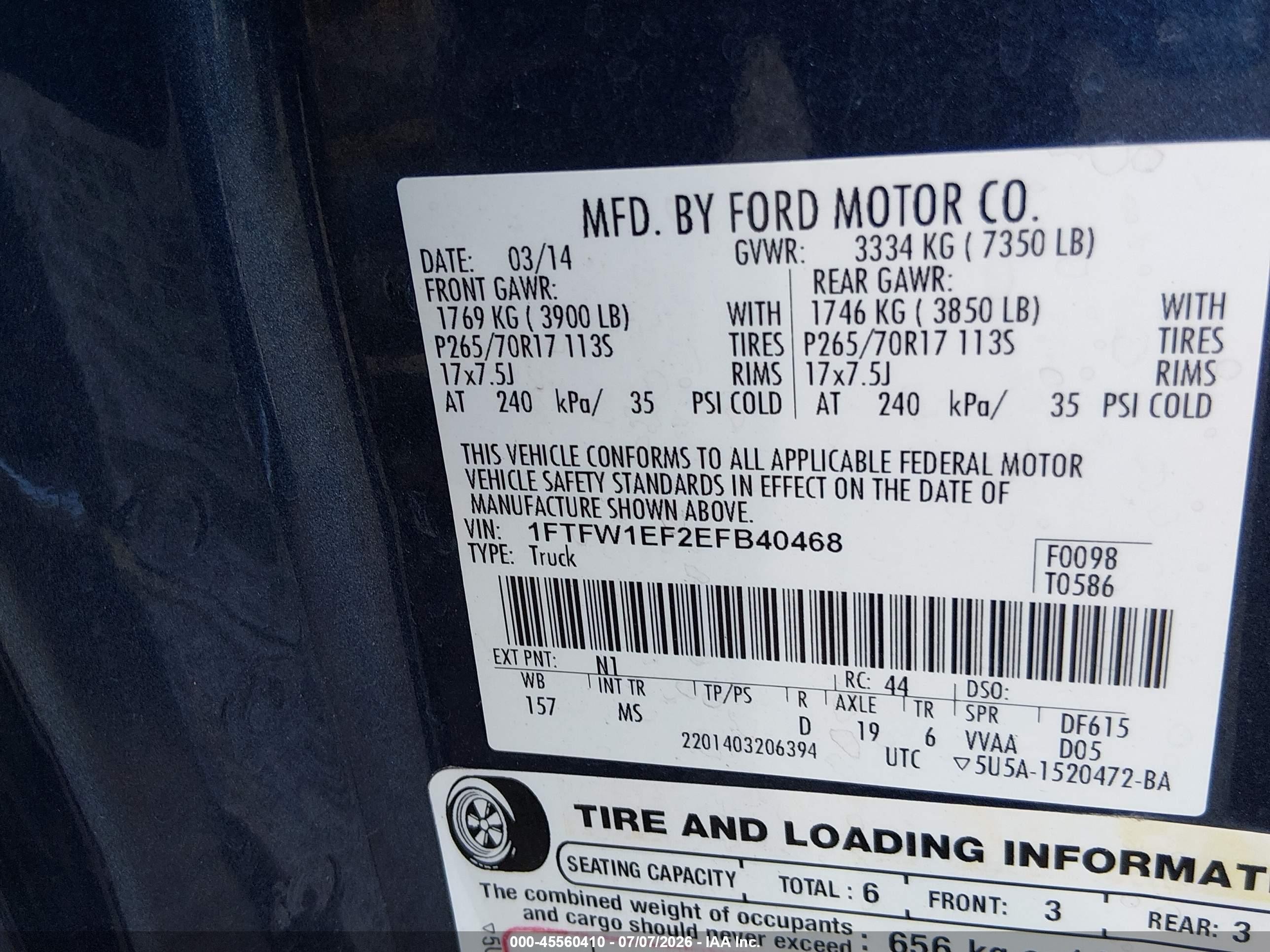 2014 Ford F-150 Fx4/king Ranch/lariat/platinum/stx/xl/xlt Blue vin: 1FTFW1EF2EFB40468