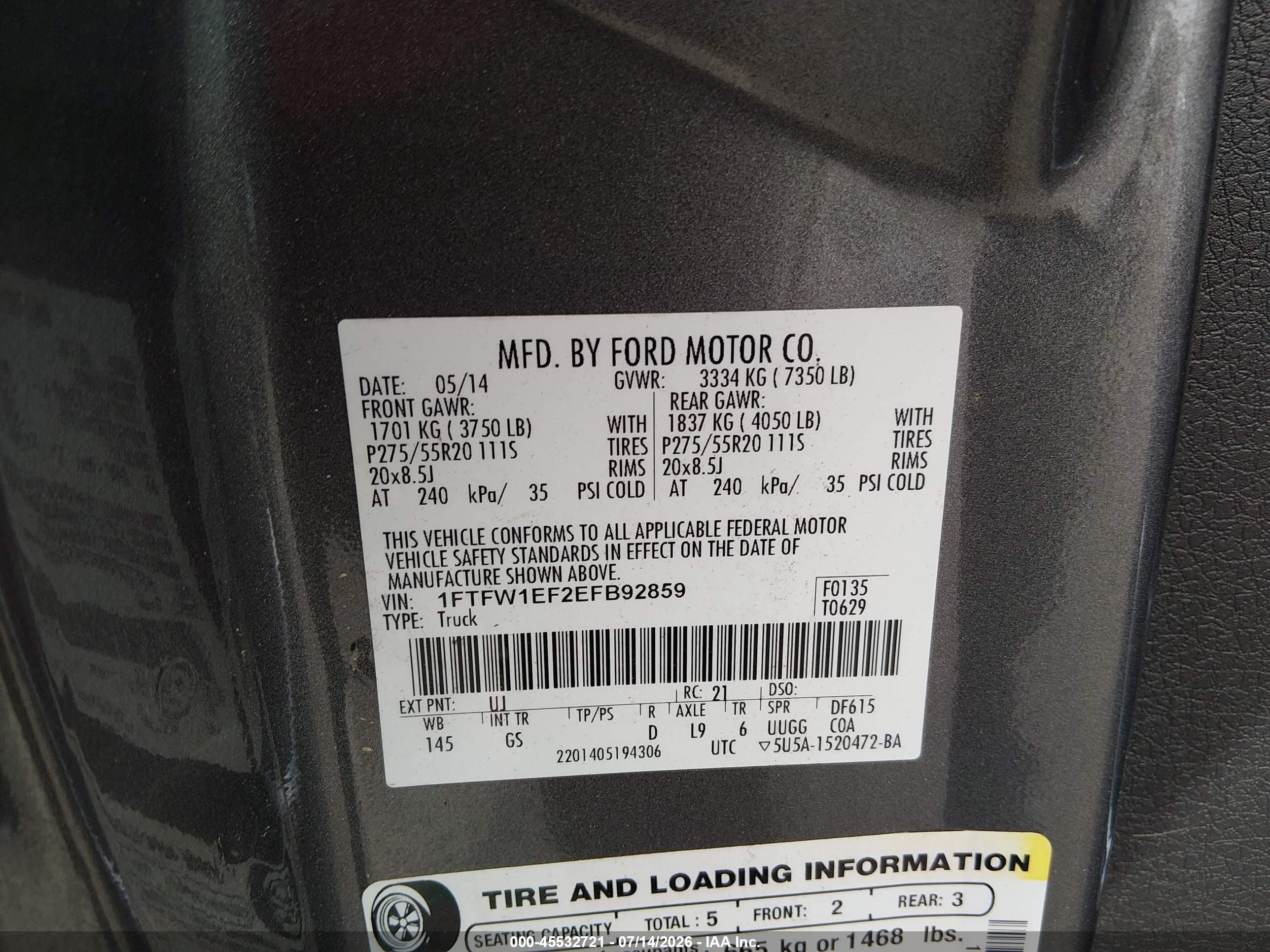 2014 Ford F-150 Fx4/king Ranch/lariat/platinum/stx/xl/xlt Gray vin: 1FTFW1EF2EFB92859