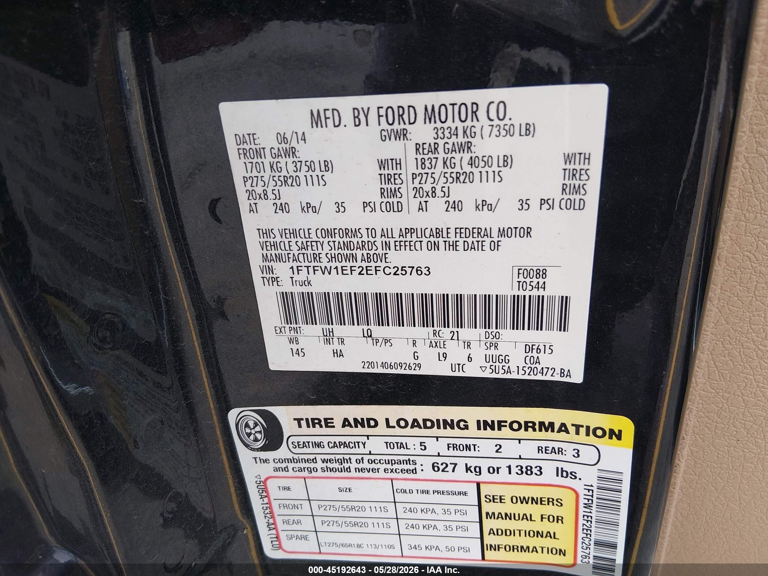 2014 Ford F-150 Lariat Black vin: 1FTFW1EF2EFC25763