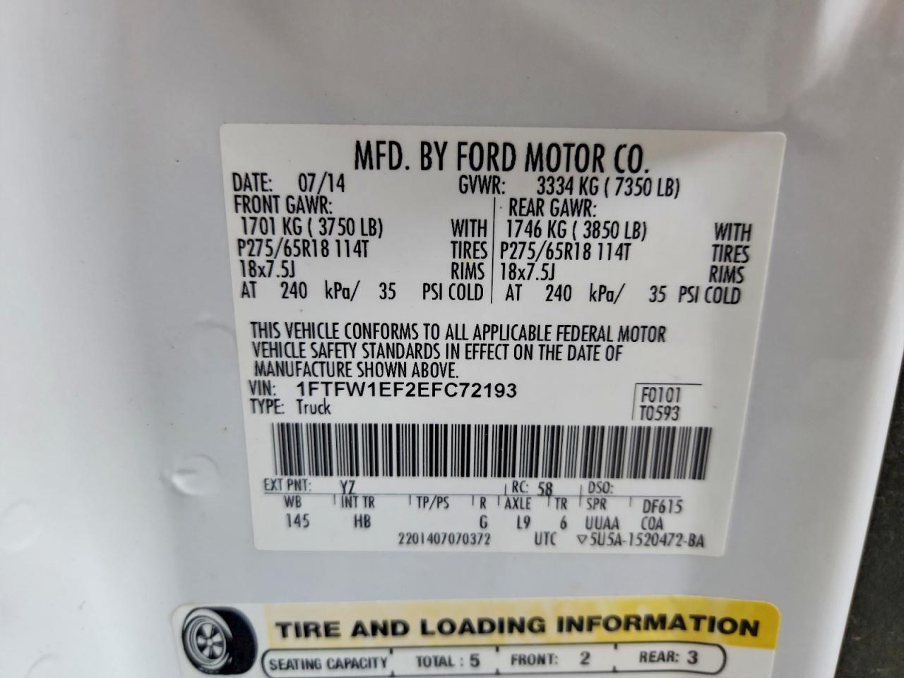 2014 Ford F150 Supercrew White vin: 1FTFW1EF2EFC72193