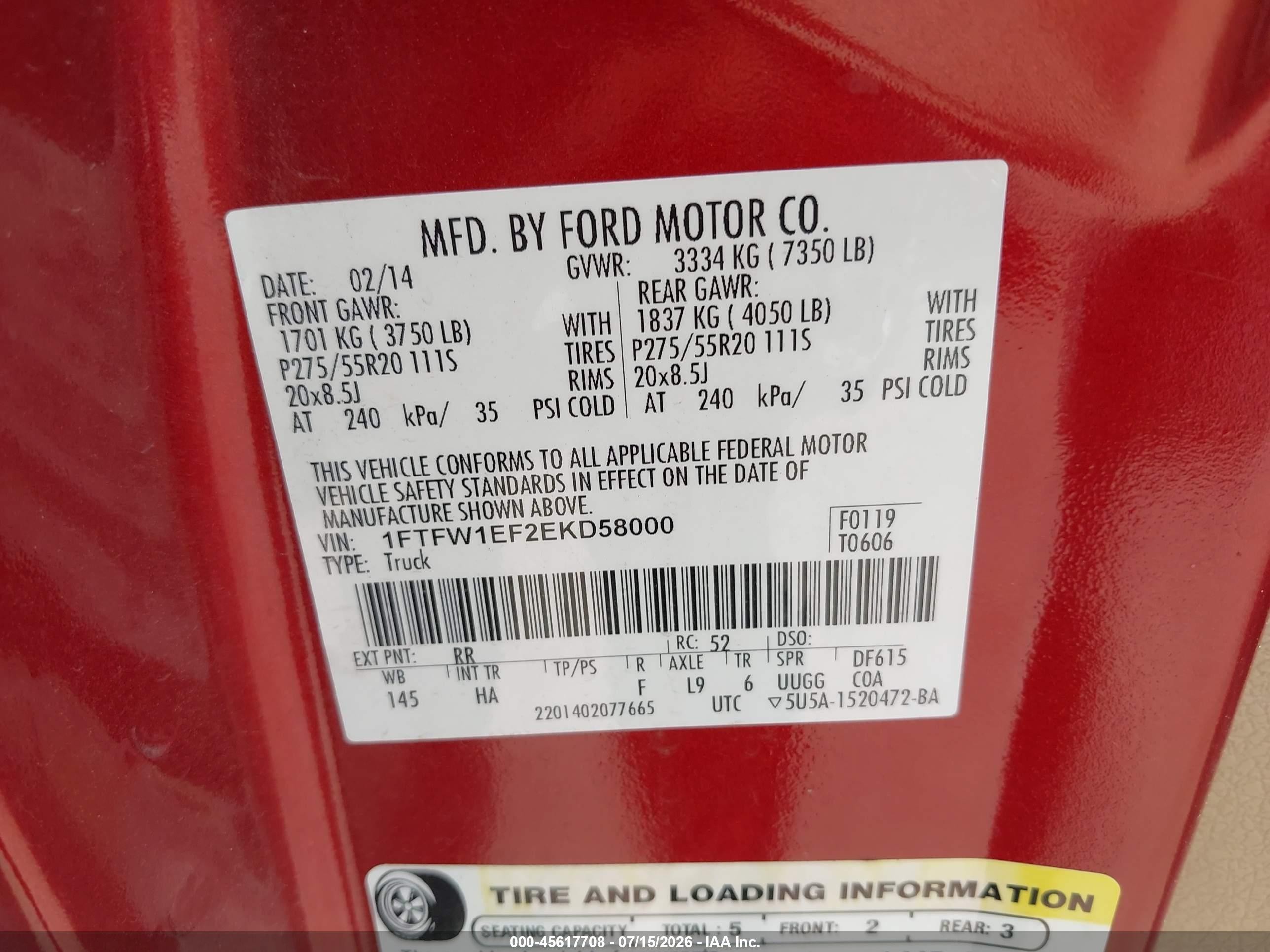 2014 Ford F-150 Lariat Красный vin: 1FTFW1EF2EKD58000