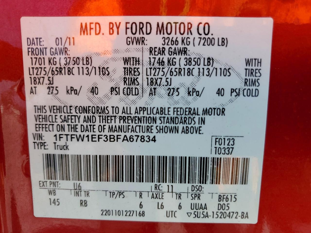 2011 Ford F150 Supercrew Red vin: 1FTFW1EF3BFA67834
