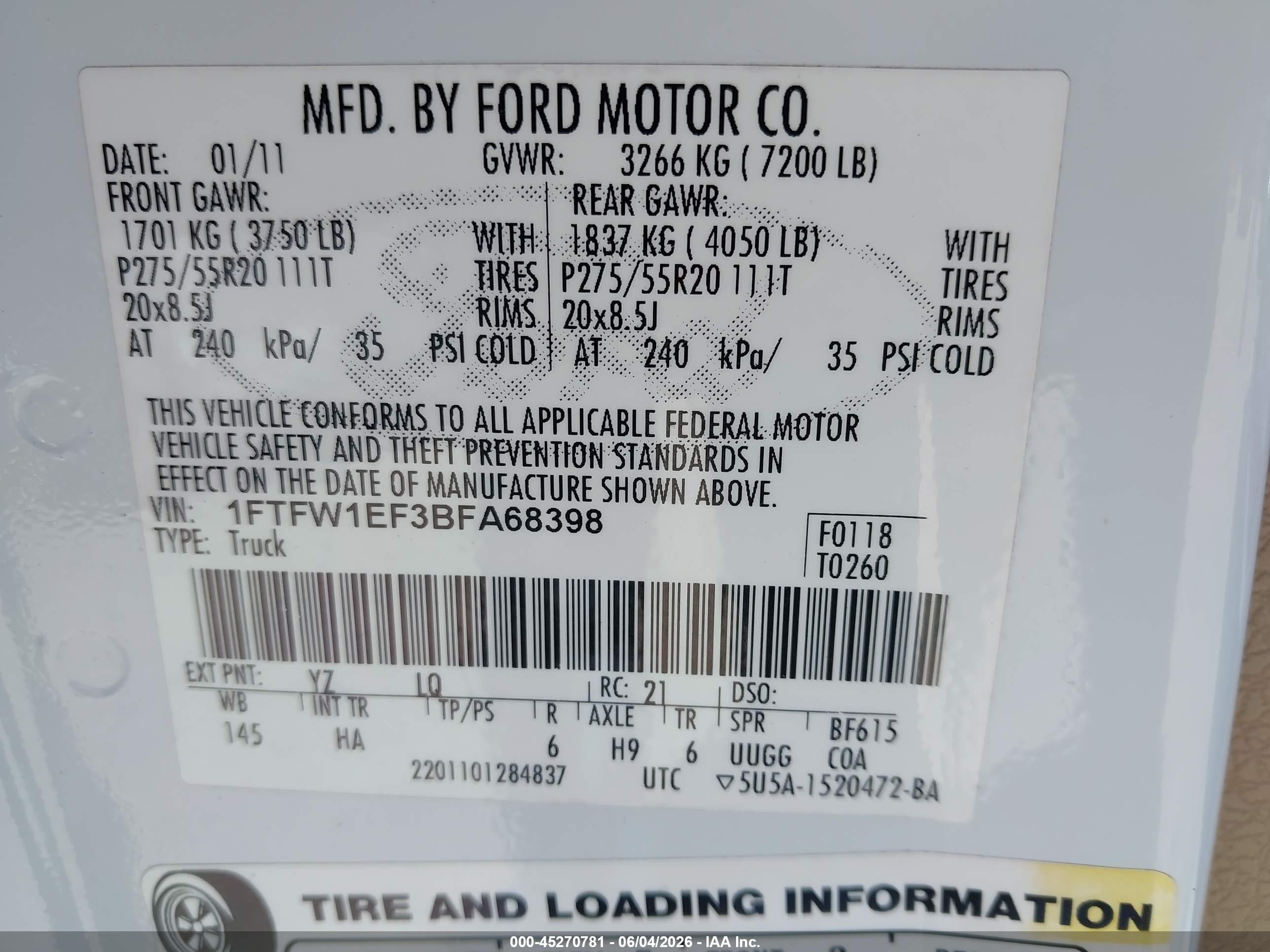 2011 Ford F-150 Lariat White vin: 1FTFW1EF3BFA68398