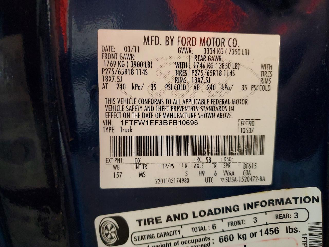 2011 Ford F150 Supercrew Blue vin: 1FTFW1EF3BFB10696