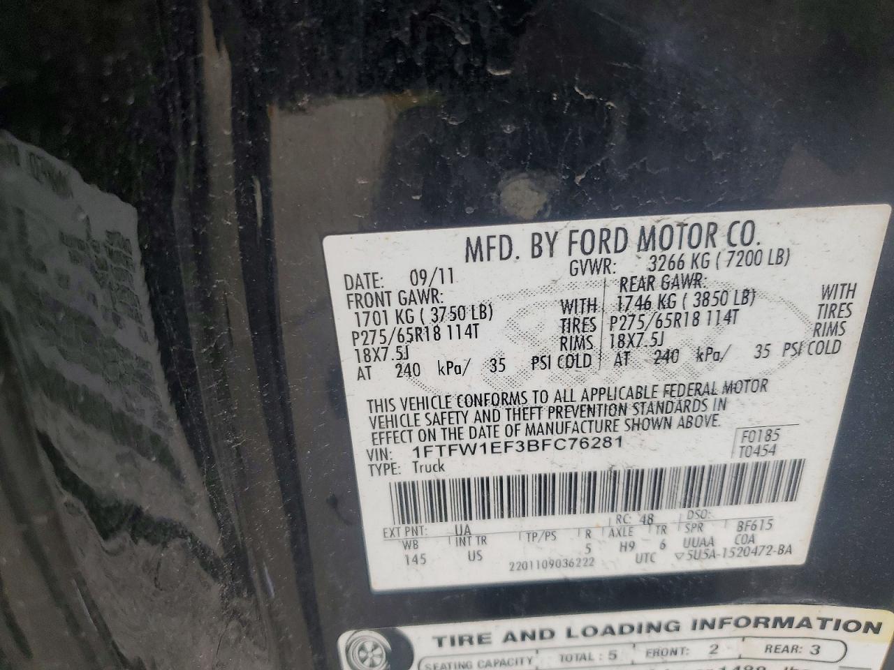 2011 Ford F150 Supercrew Black vin: 1FTFW1EF3BFC76281