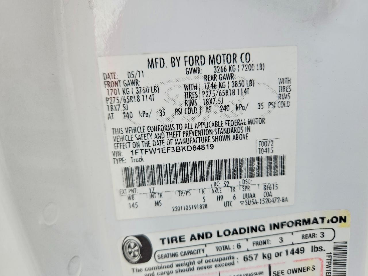 2011 Ford F150 Supercrew White vin: 1FTFW1EF3BKD64819