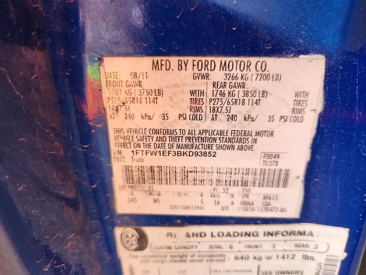2011 Ford F150 Supercrew Blue vin: 1FTFW1EF3BKD93852