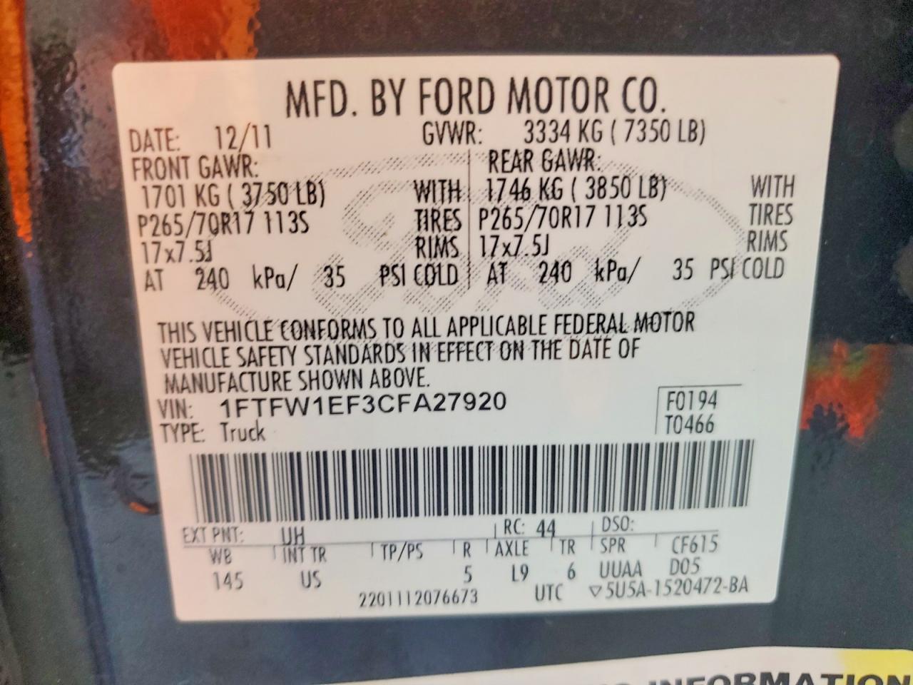 2012 Ford F150 Supercrew Black vin: 1FTFW1EF3CFA27920