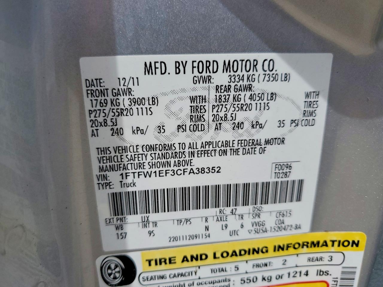 2012 Ford F150 Supercrew Silver vin: 1FTFW1EF3CFA38352