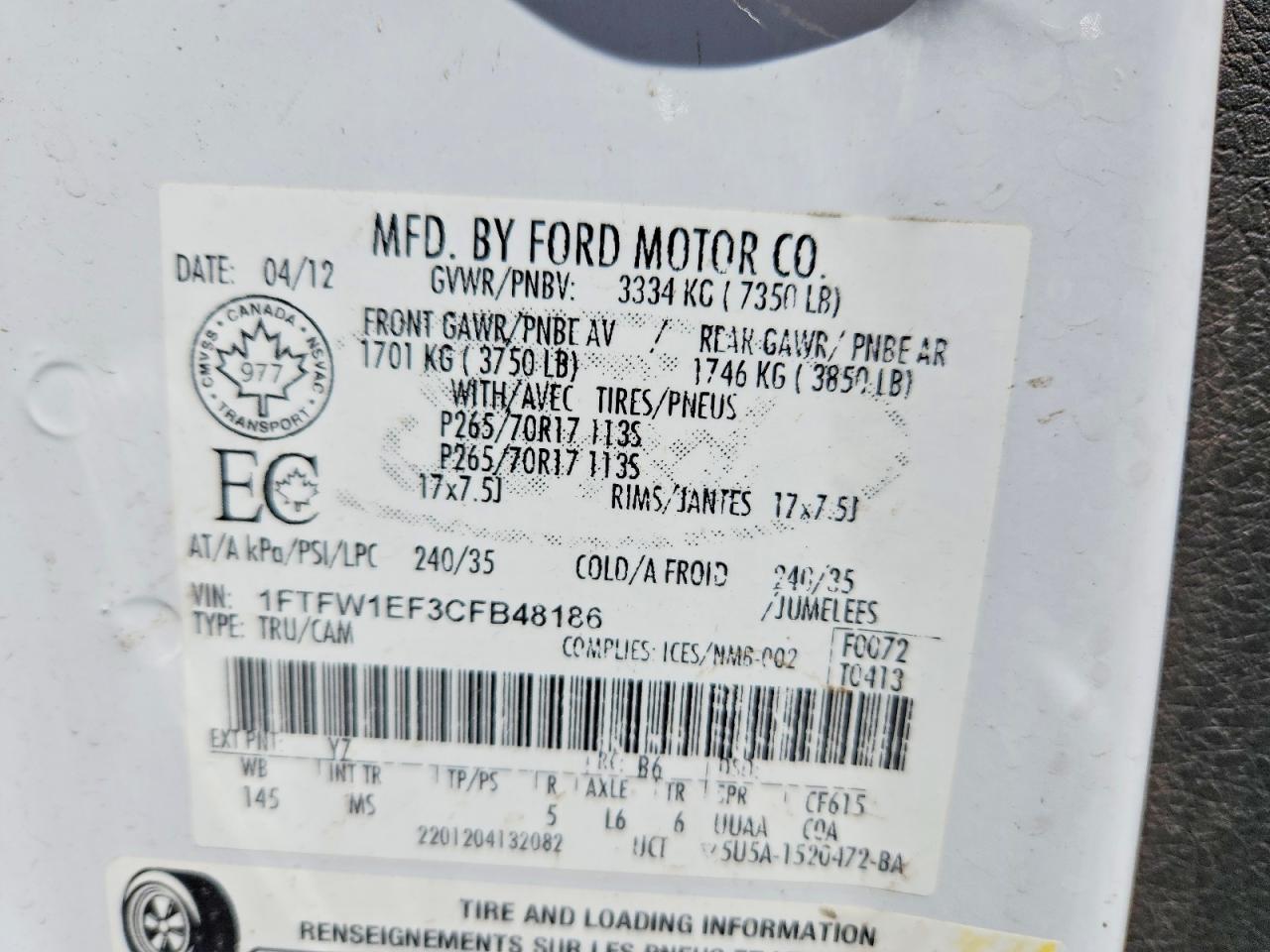 2012 Ford F150 Supercrew White vin: 1FTFW1EF3CFB48186