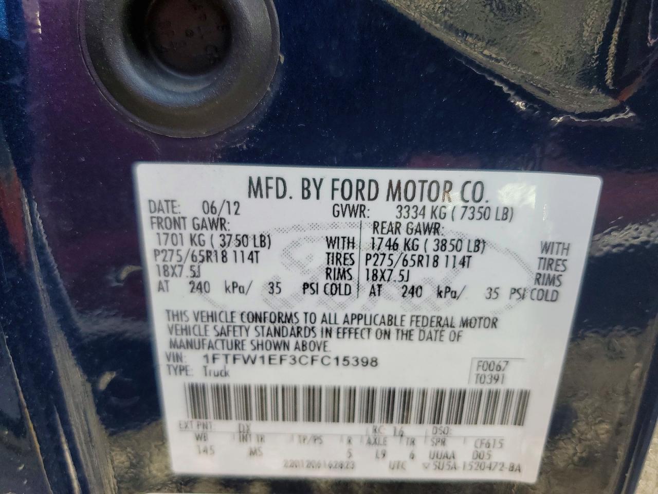 2012 Ford F150 Supercrew Blue vin: 1FTFW1EF3CFC15398