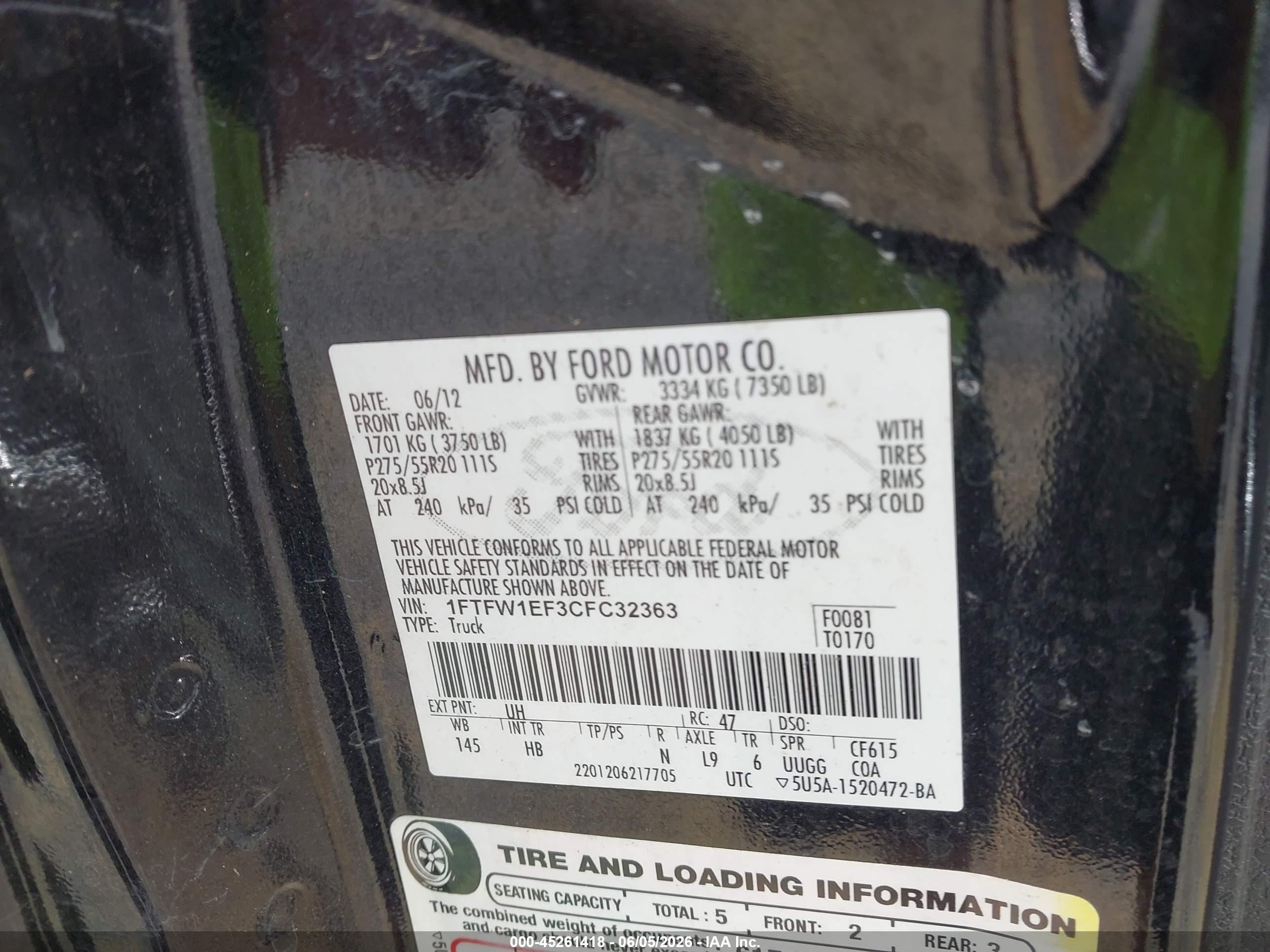 2012 Ford F-150 Lariat Черный vin: 1FTFW1EF3CFC32363