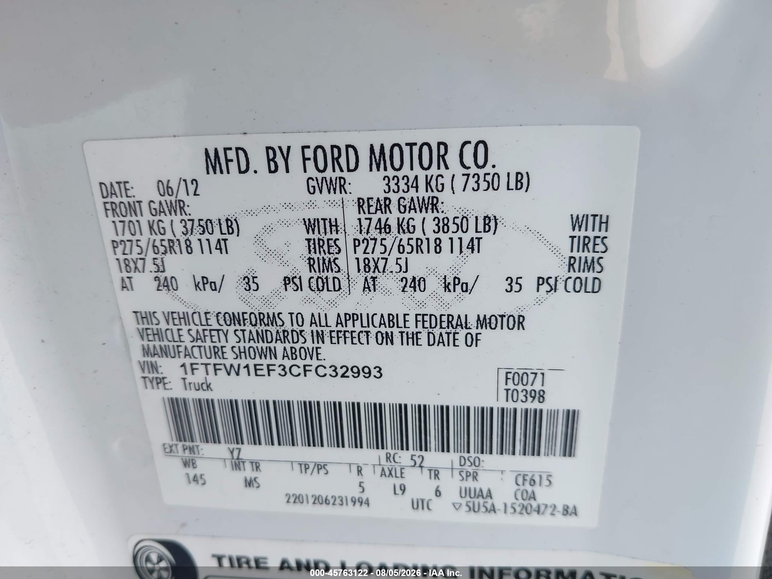 2012 Ford F-150 Xlt White vin: 1FTFW1EF3CFC32993