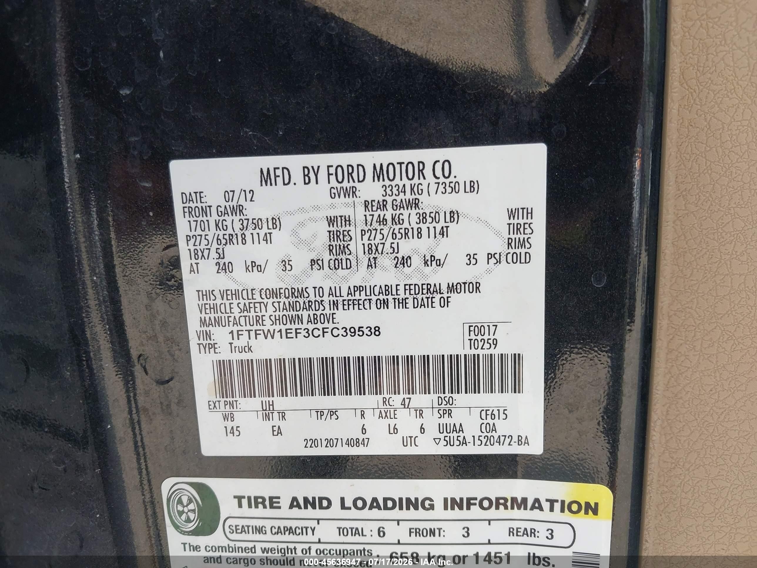 2012 Ford F-150 Lariat Black vin: 1FTFW1EF3CFC39538