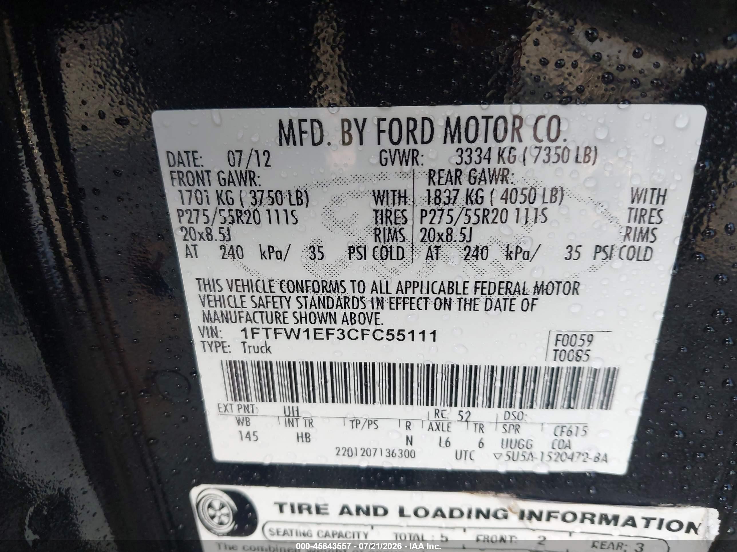 2012 Ford F-150 Lariat Black vin: 1FTFW1EF3CFC55111