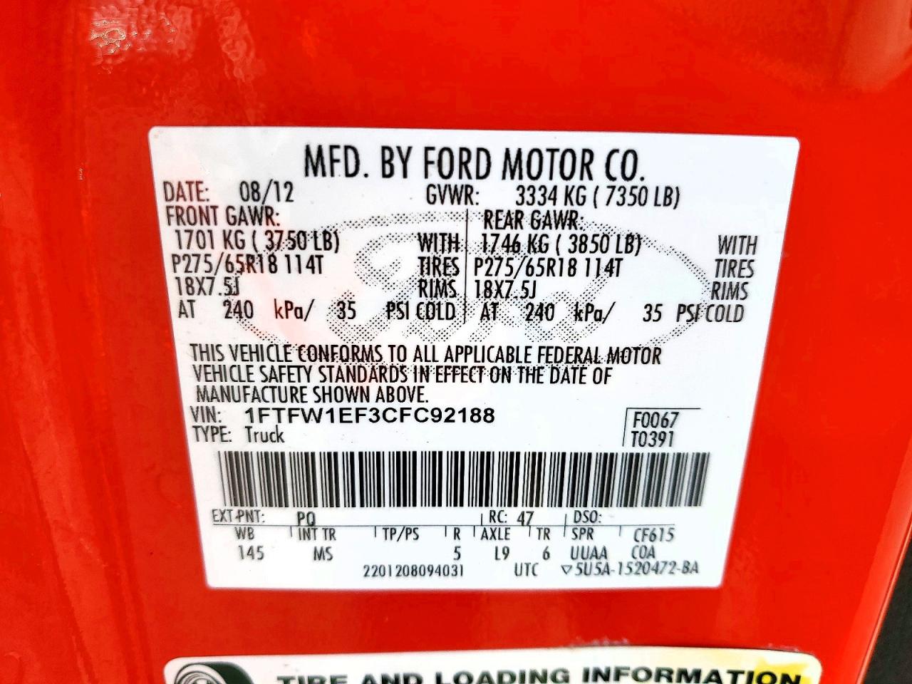 2012 Ford F150 Supercrew Red vin: 1FTFW1EF3CFC92188