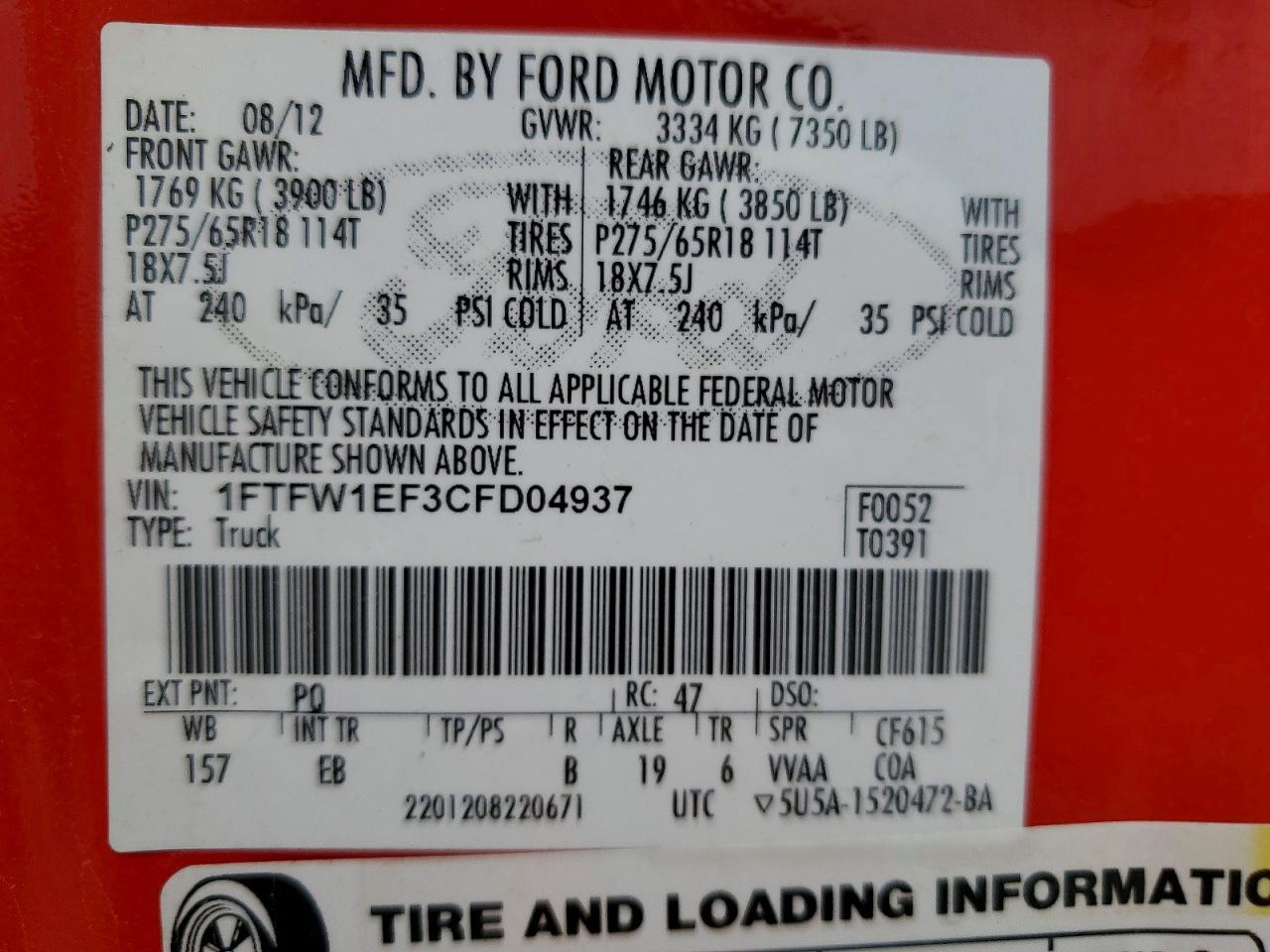 2012 Ford F150 Red vin: 1FTFW1EF3CFD04937