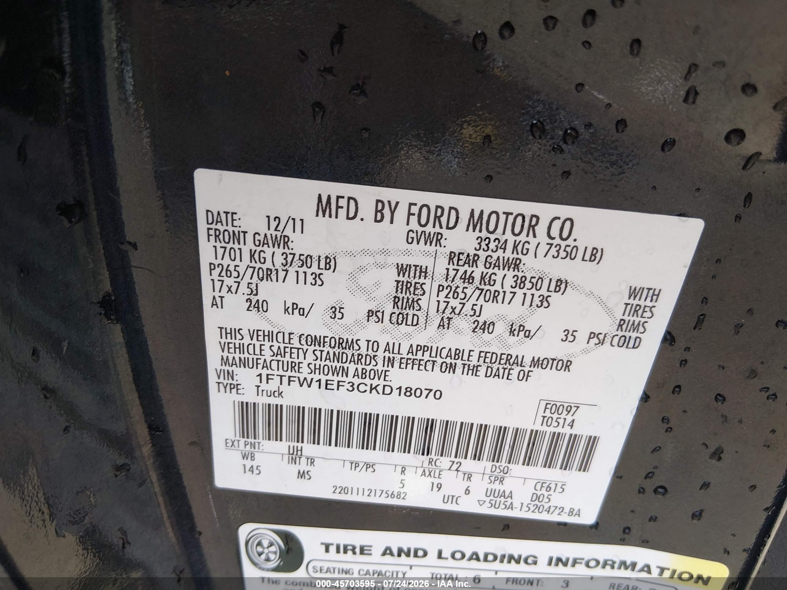 2012 Ford F-150 Xlt Black vin: 1FTFW1EF3CKD18070