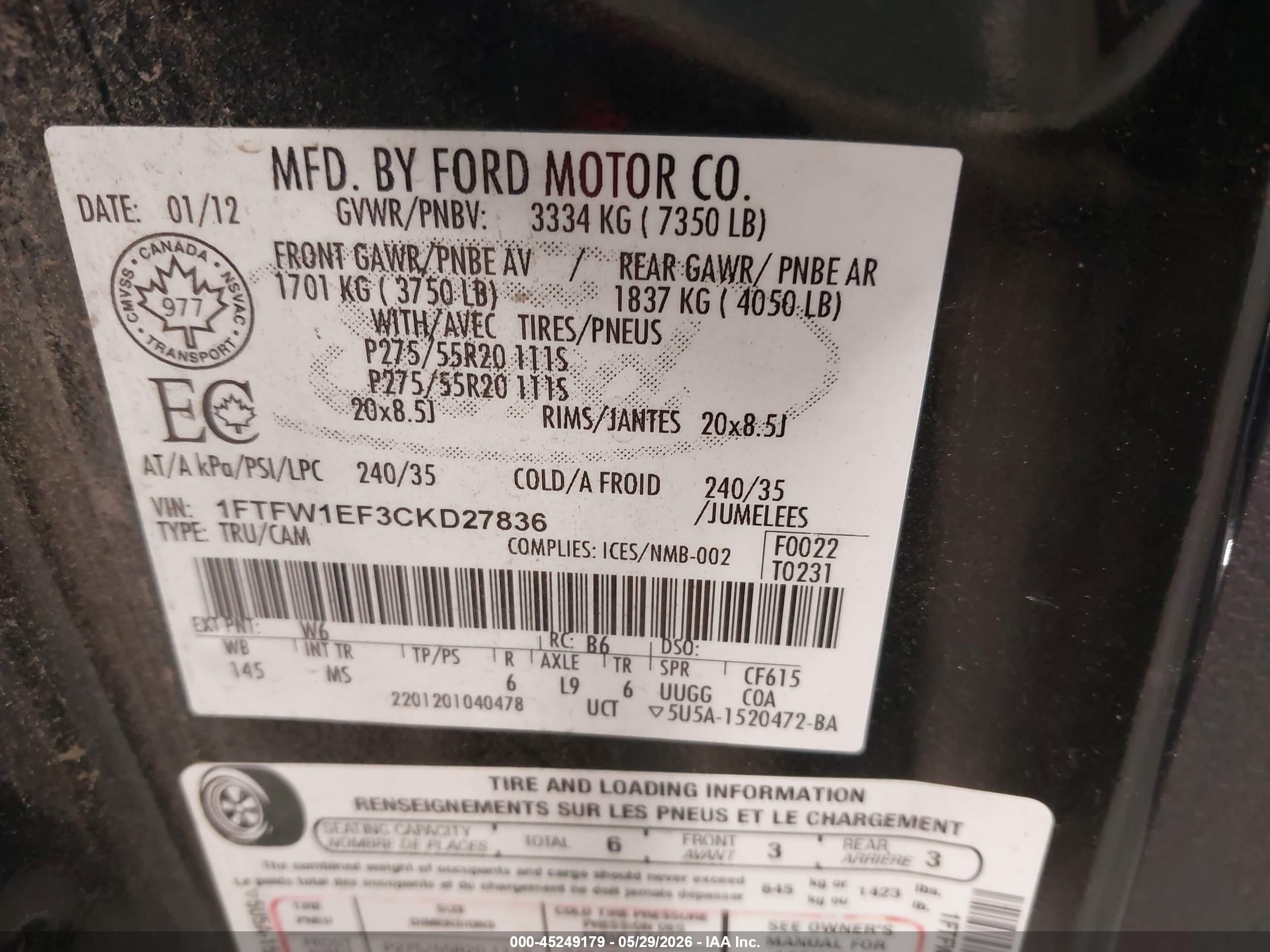 2012 Ford F-150 Xlt Черный vin: 1FTFW1EF3CKD27836
