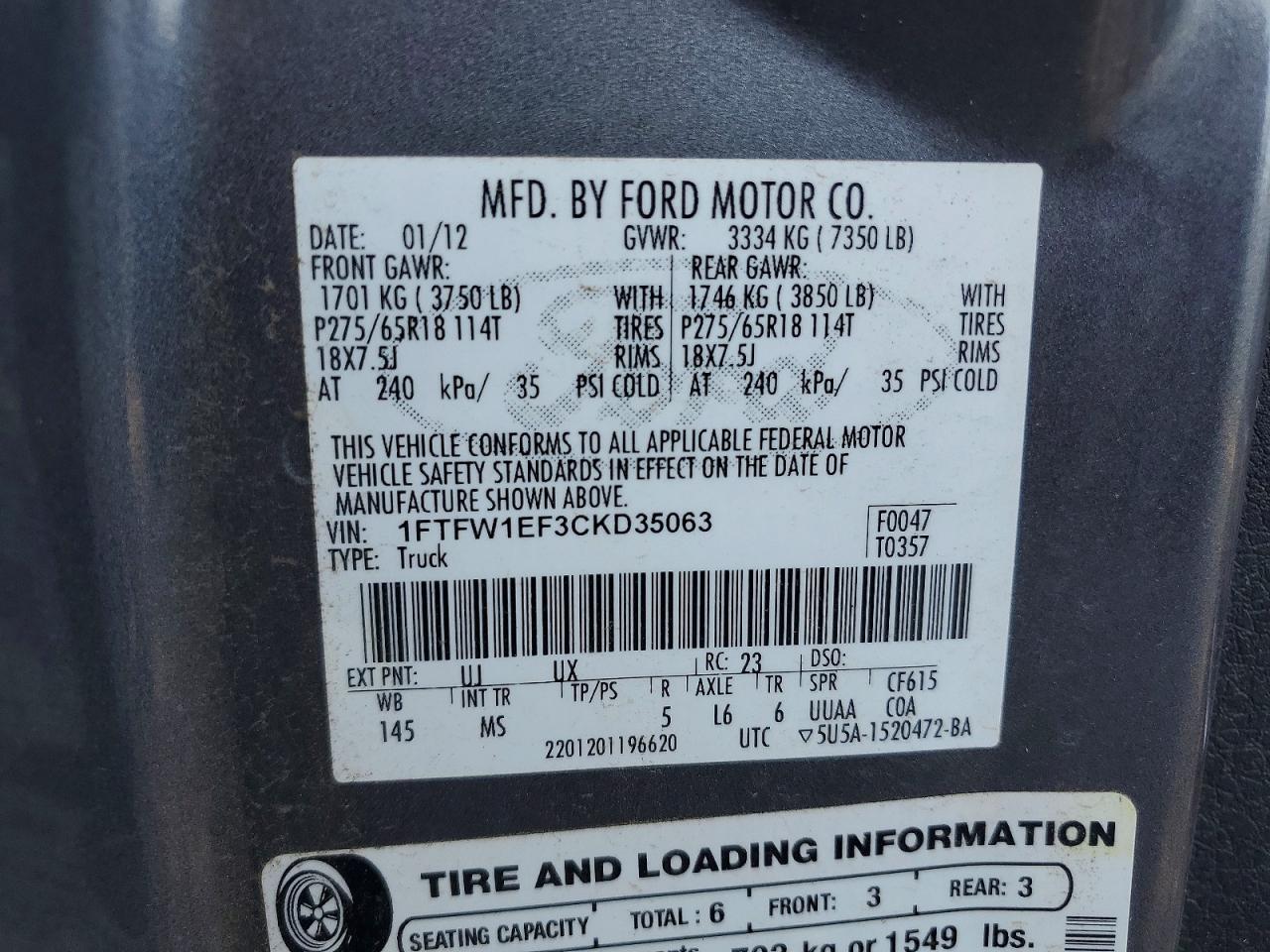 2012 Ford F150 Supercrew Gray vin: 1FTFW1EF3CKD35063