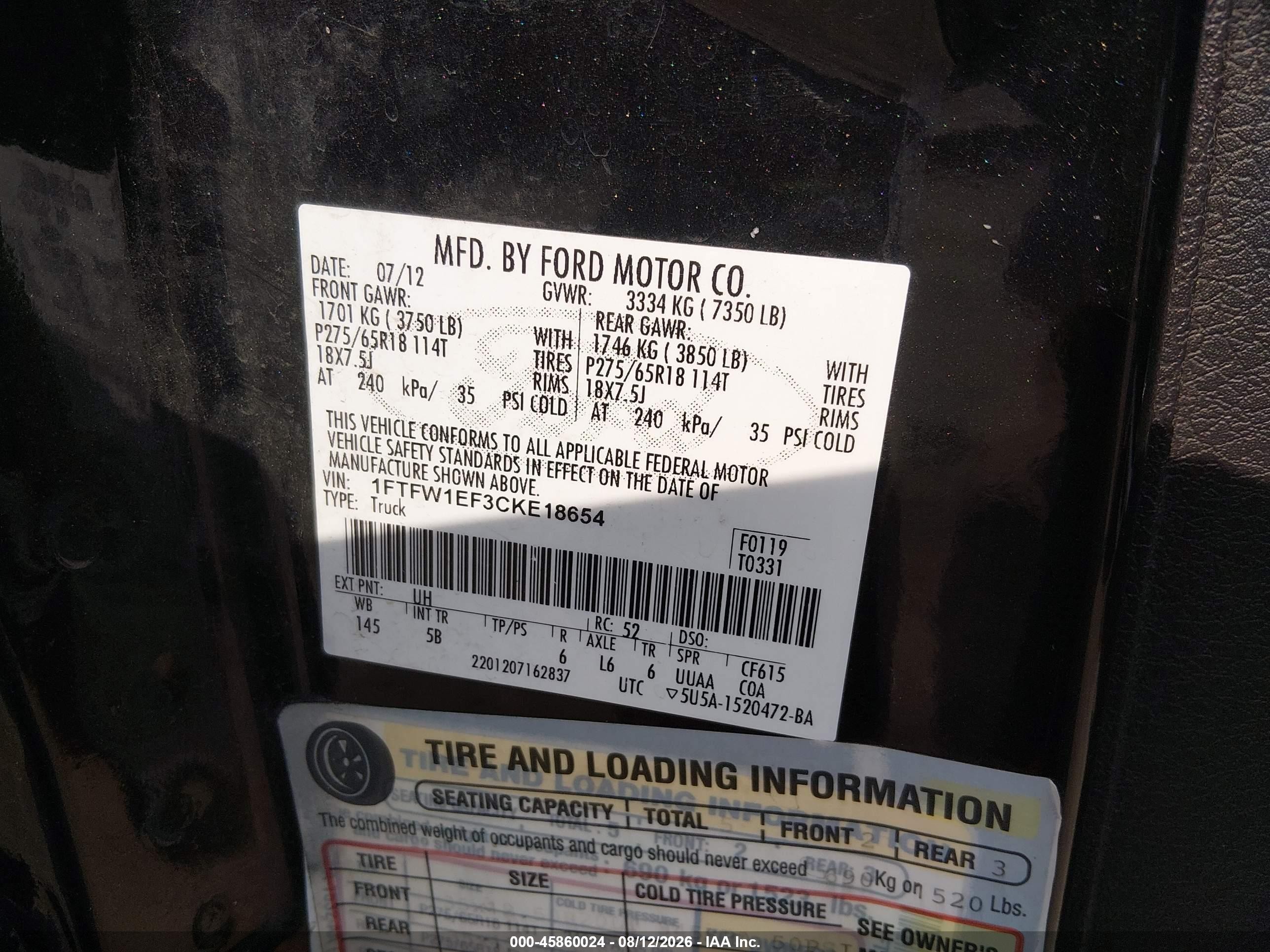 2012 Ford F-150 Fx4 Black vin: 1FTFW1EF3CKE18654