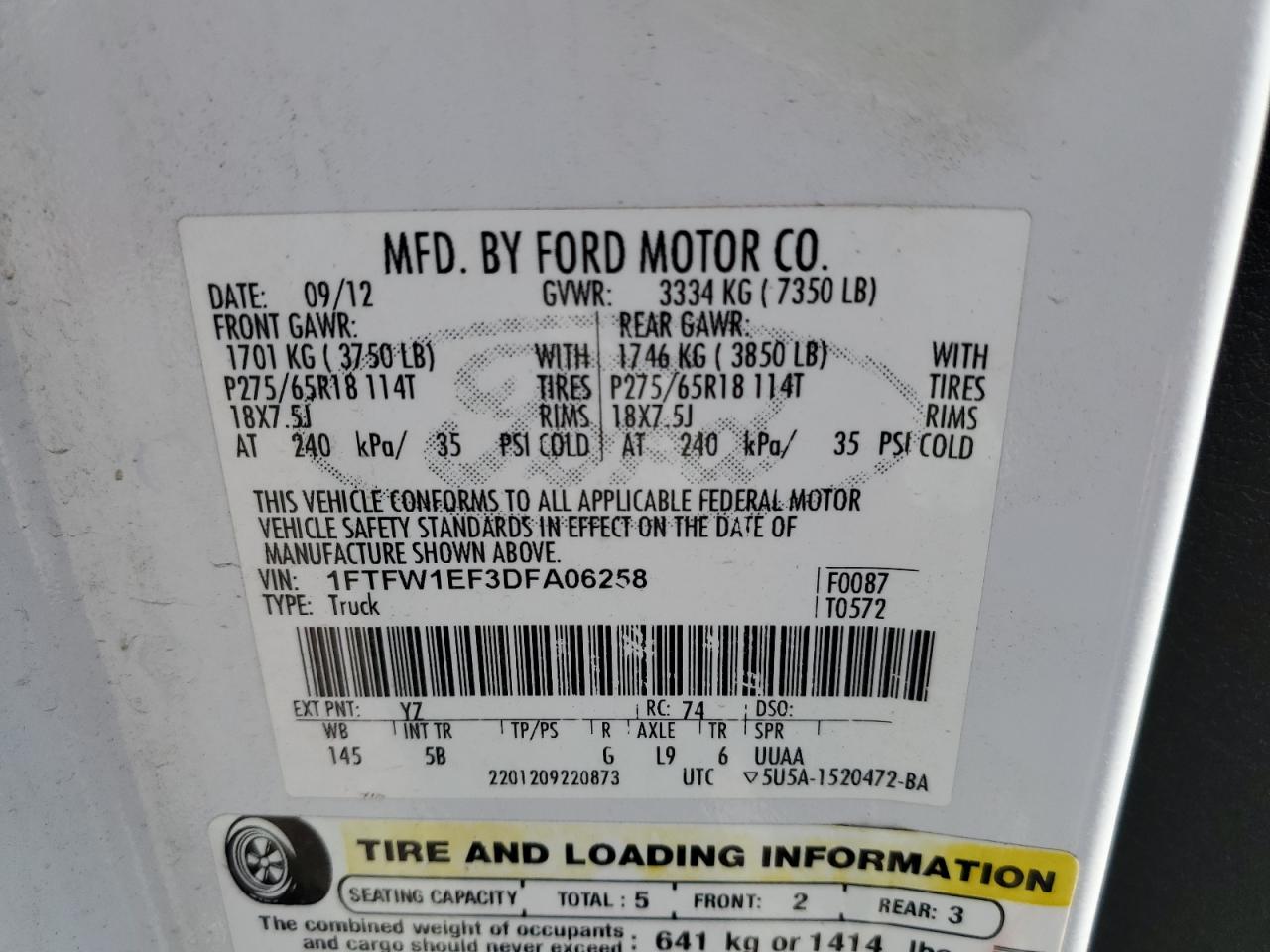 2013 Ford F150 Supercrew White vin: 1FTFW1EF3DFA06258