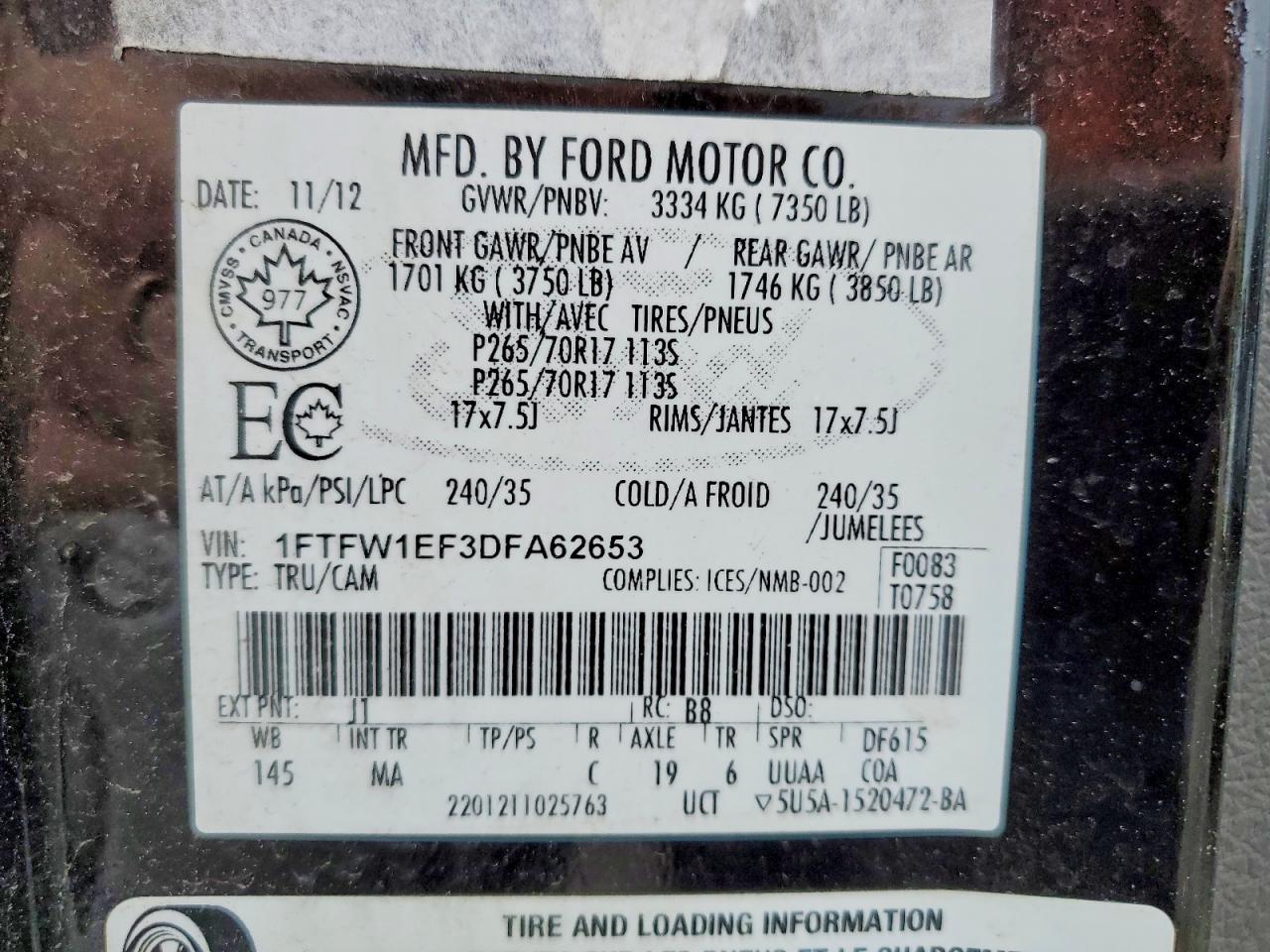 2013 Ford F150 Supercrew Black vin: 1FTFW1EF3DFA62653