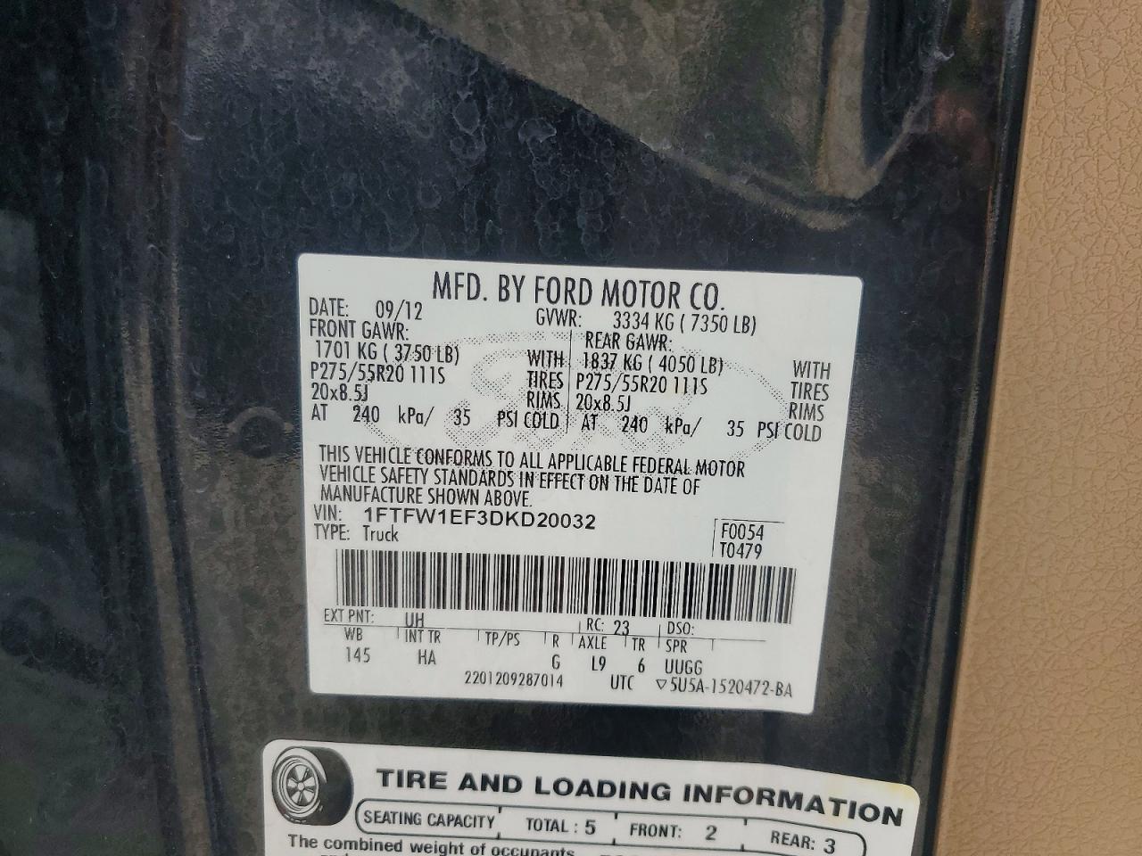 2013 Ford F150 Supercrew Black vin: 1FTFW1EF3DKD20032
