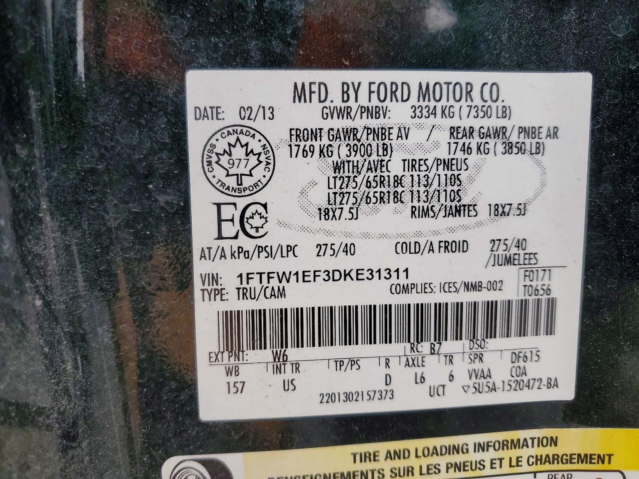 2013 Ford F150 Supercrew Green vin: 1FTFW1EF3DKE31311