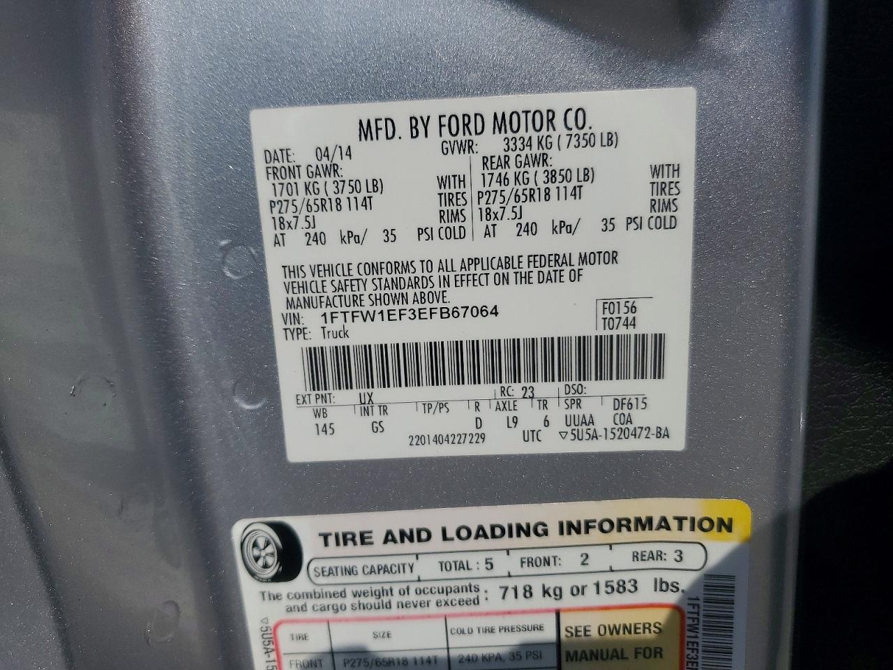 2014 Ford F150 Supercrew Silver vin: 1FTFW1EF3EFB67064