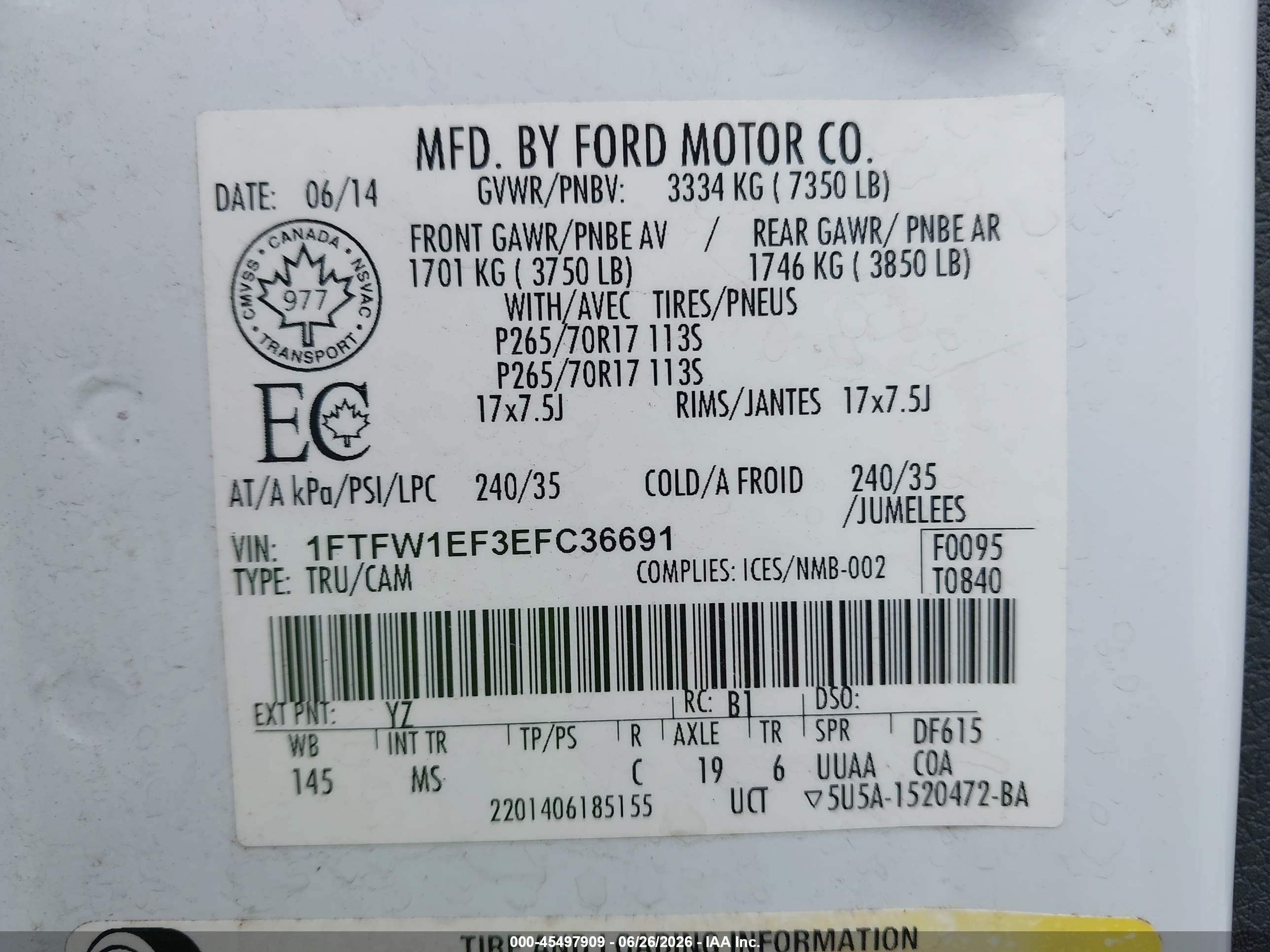 2014 Ford F-150 Fx4/king Ranch/lariat/platinum/stx/xl/xlt White vin: 1FTFW1EF3EFC36691