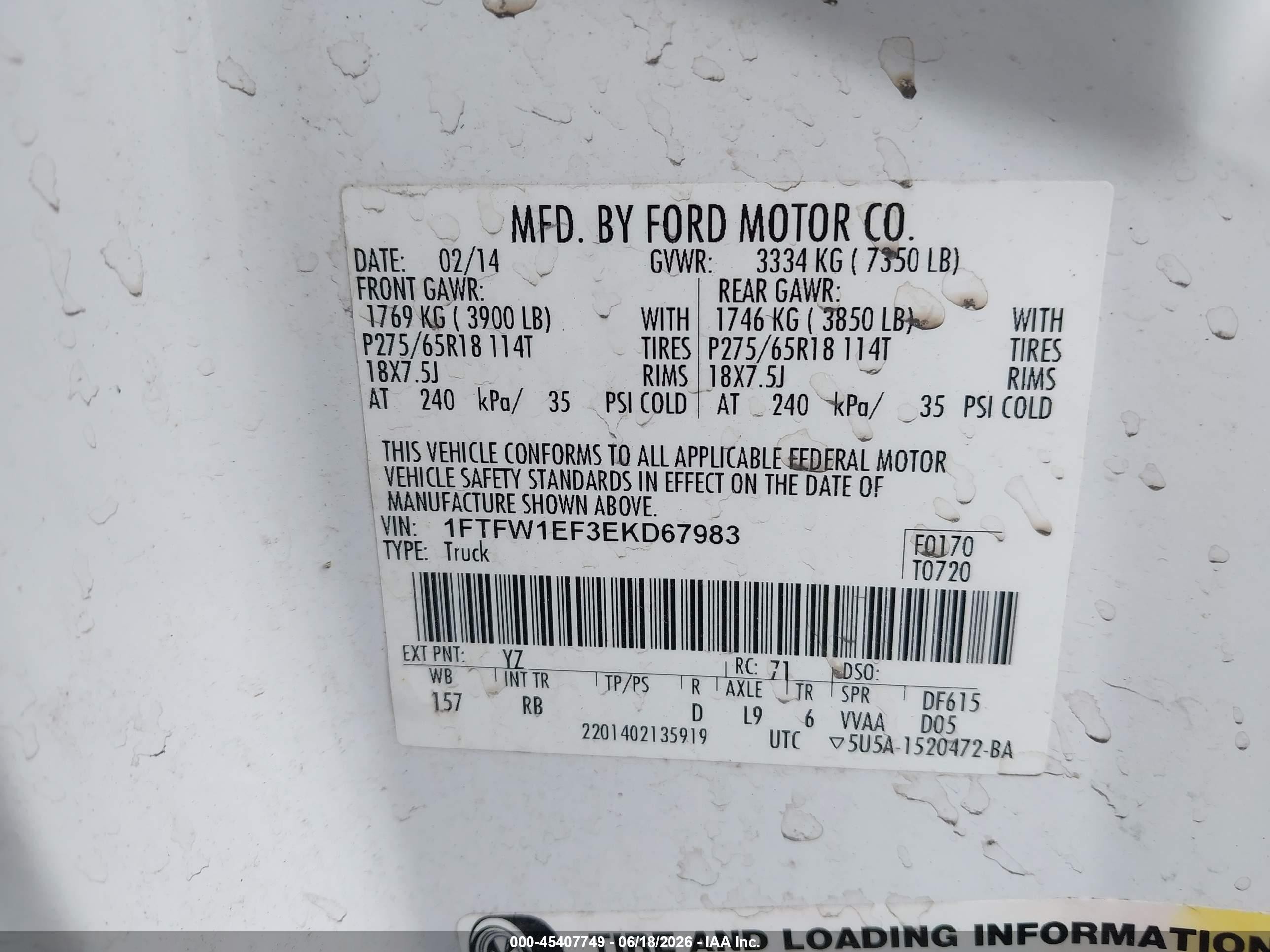 2014 Ford F-150 Fx4/king Ranch/lariat/platinum/stx/xl/xlt White vin: 1FTFW1EF3EKD67983