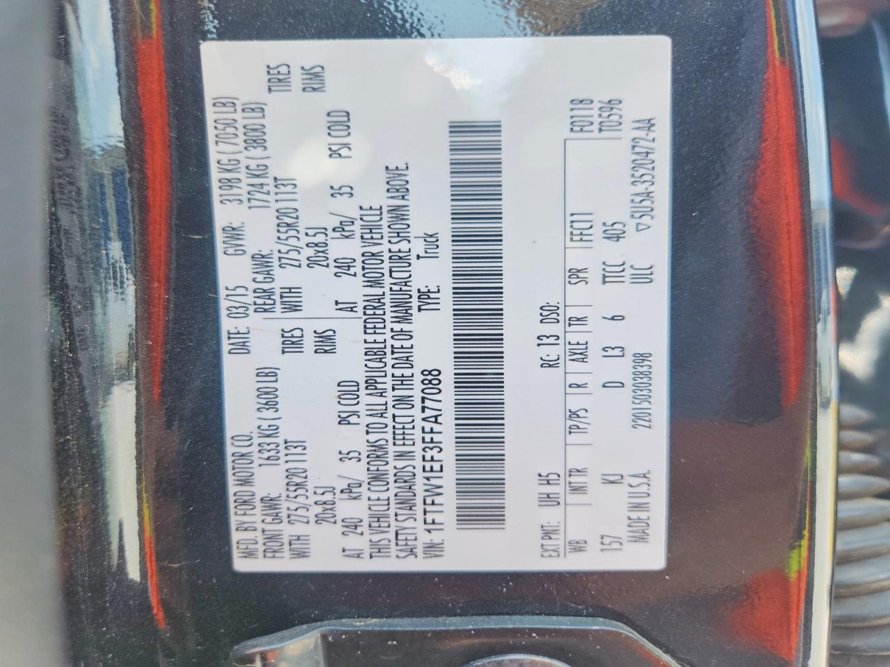 2015 Ford F150 Supercrew Black vin: 1FTFW1EF3FFA77088