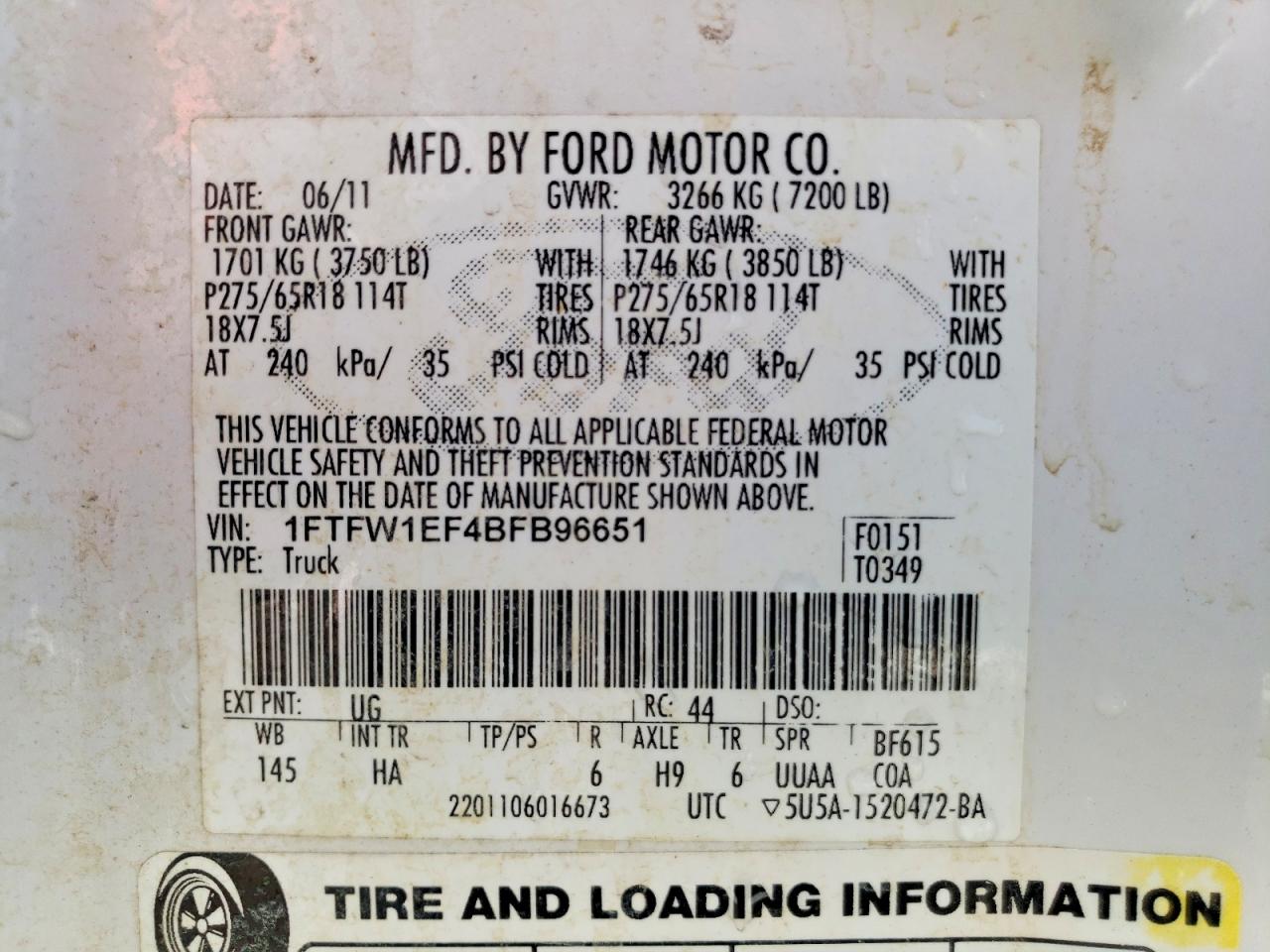 2011 Ford F150 Supercrew White vin: 1FTFW1EF4BFB96651