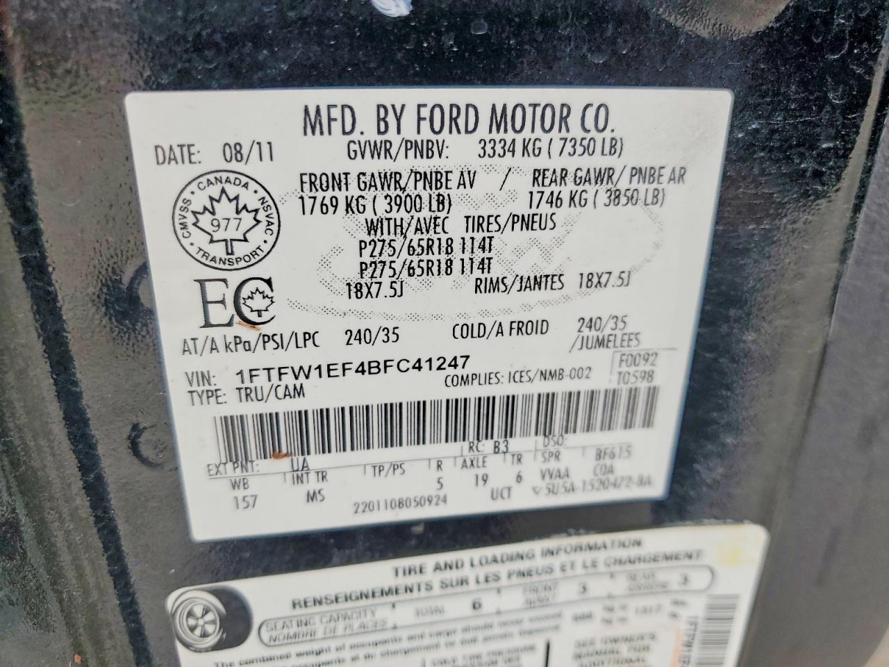 2011 Ford F150 Supercrew Black vin: 1FTFW1EF4BFC41247