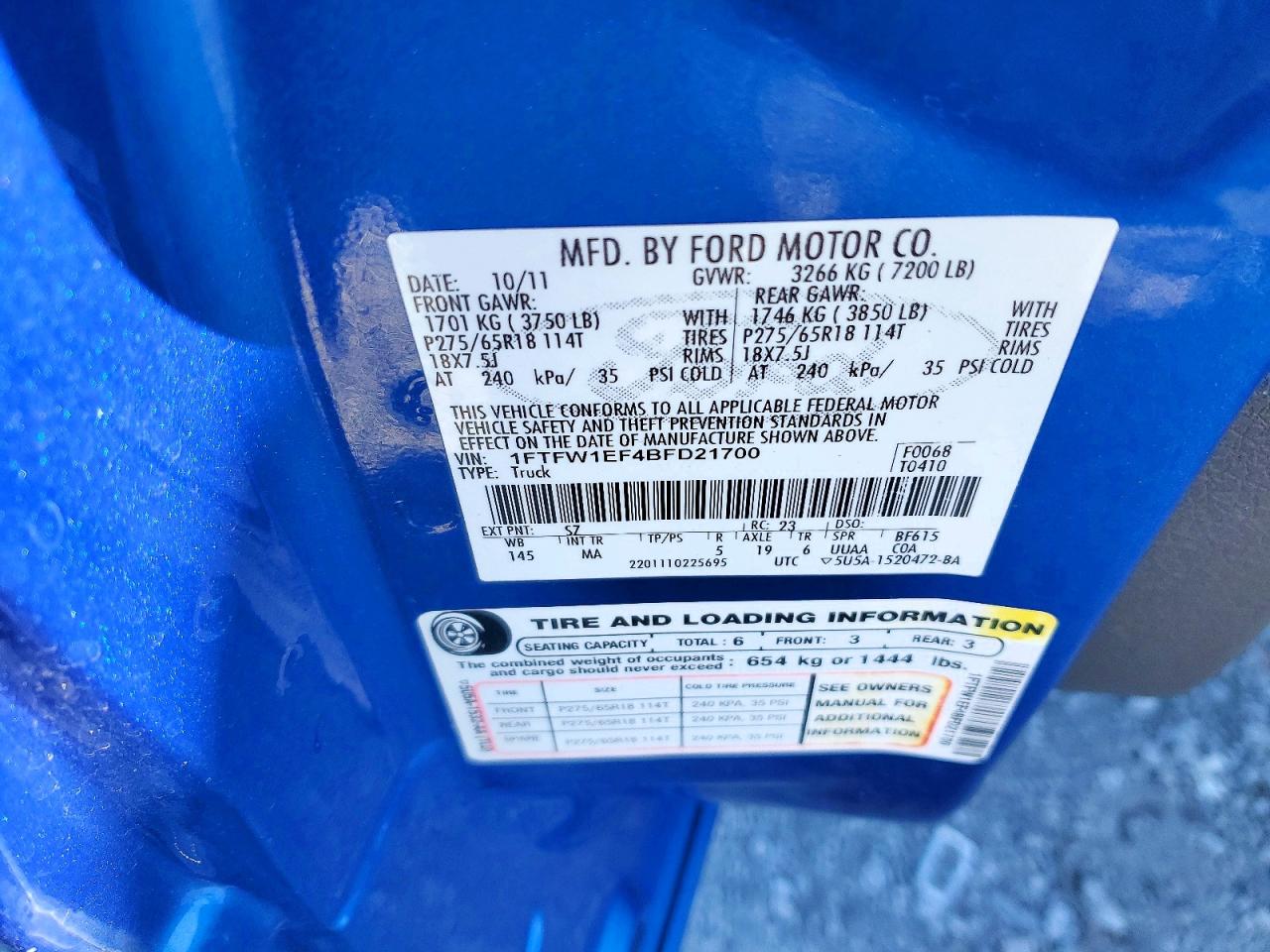 2011 Ford F150 Supercrew Blue vin: 1FTFW1EF4BFD21700
