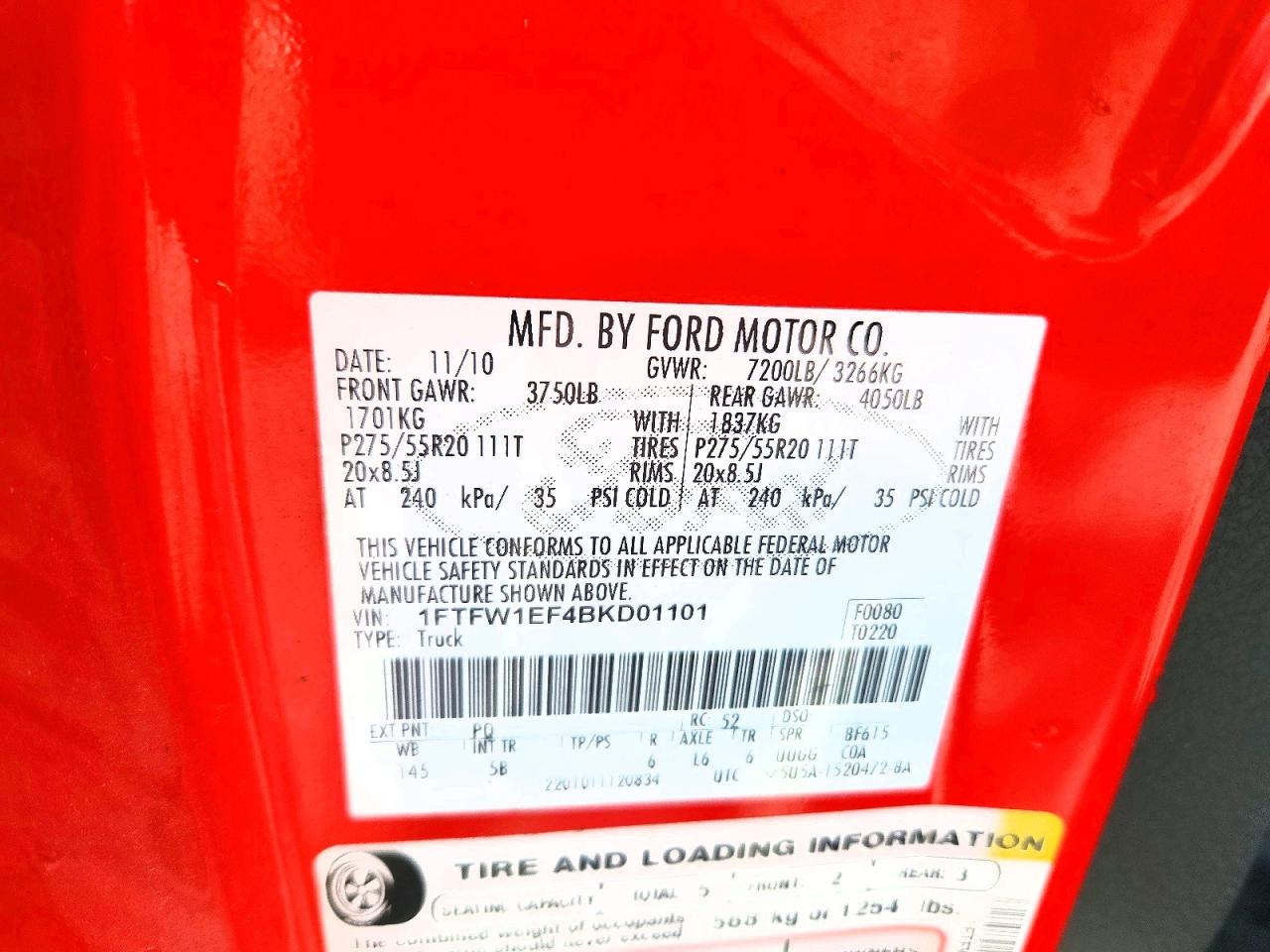2011 Ford F150 Supercrew Red vin: 1FTFW1EF4BKD01101