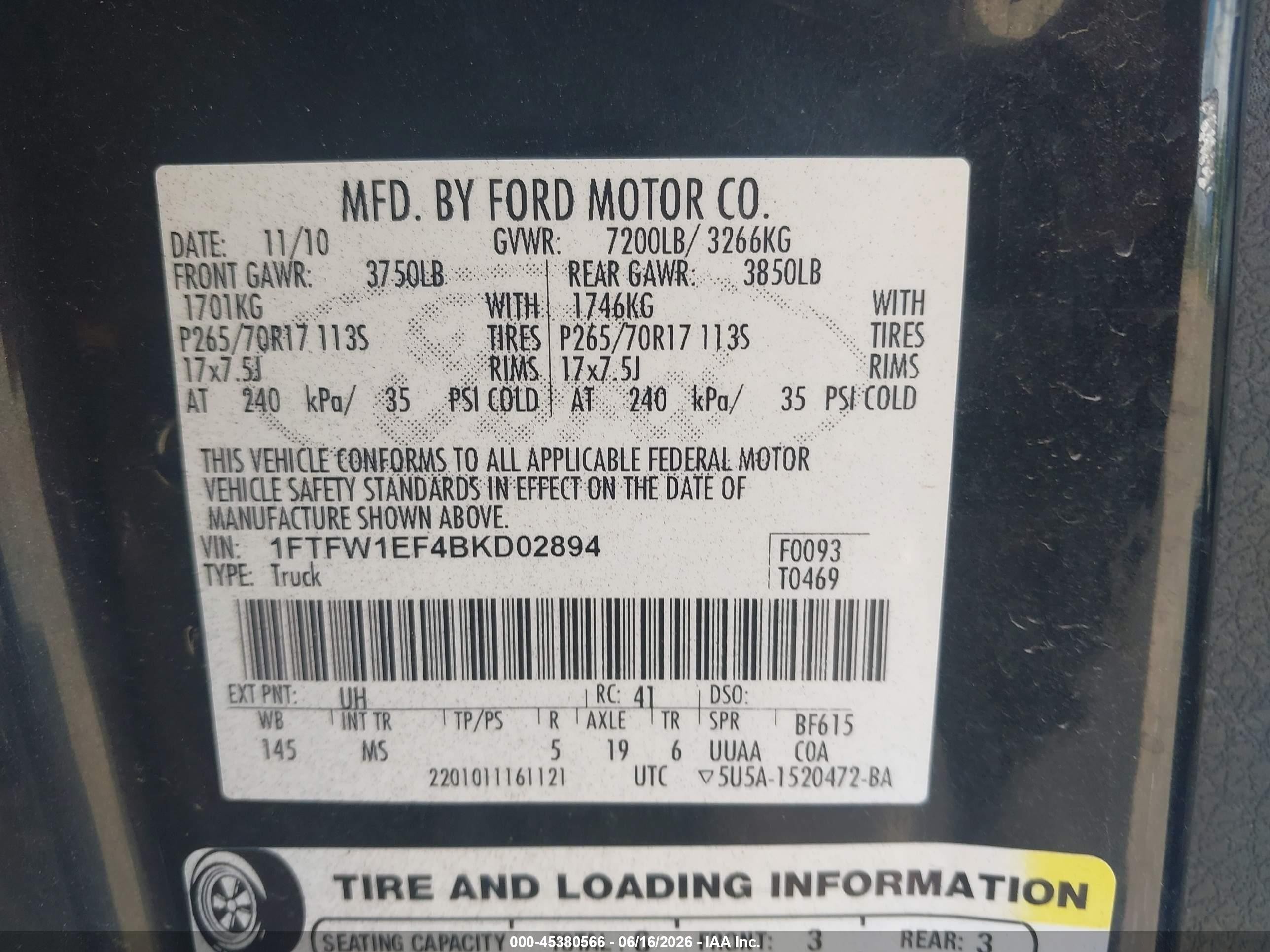 2011 Ford F-150 Xlt Black vin: 1FTFW1EF4BKD02894