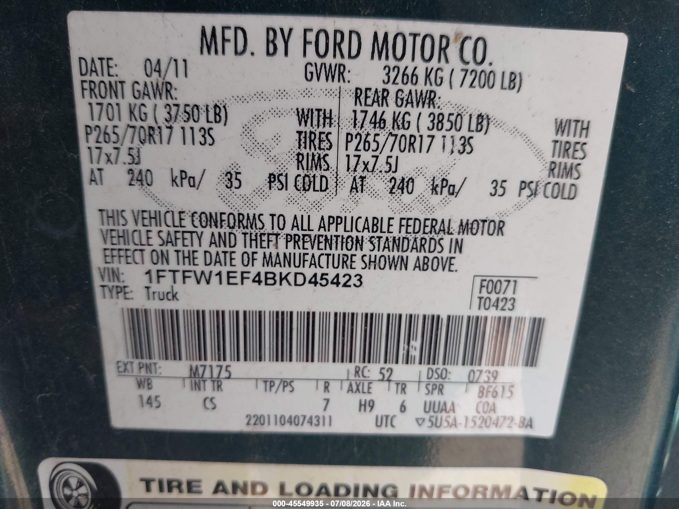 2011 Ford F-150 Fx4/king Ranch/lariat/platinum/xl/xlt Green vin: 1FTFW1EF4BKD45423