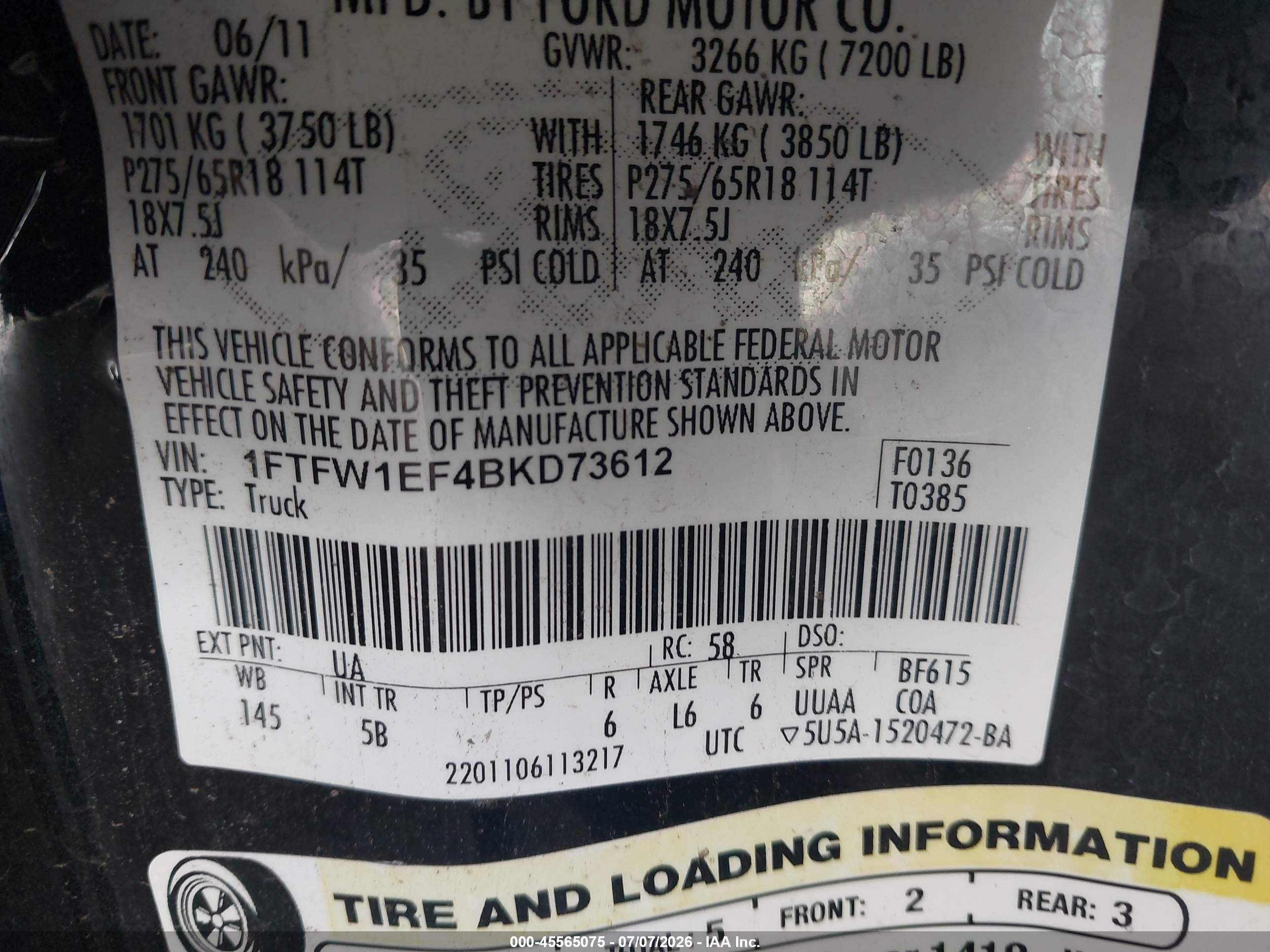2011 Ford F-150 Fx4/king Ranch/lariat/platinum/xl/xlt Черный vin: 1FTFW1EF4BKD73612