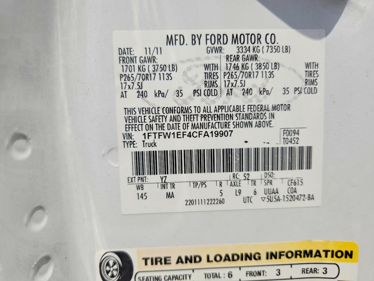 2012 Ford F150 Supercrew White vin: 1FTFW1EF4CFA19907